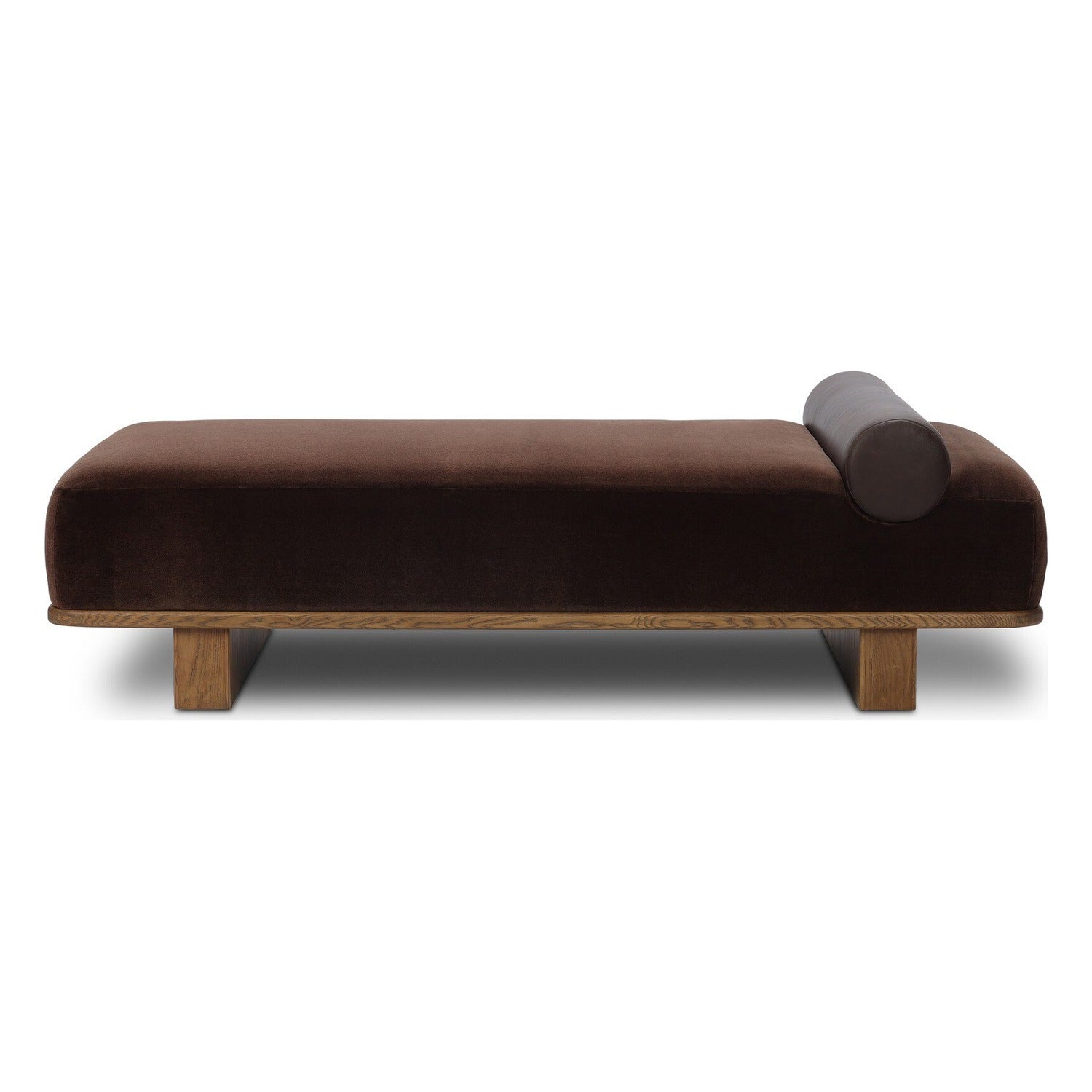 Four Hands Teia Monte Chocolate Chaise with wool-leather mix on drifted ash ski legs, side profile view