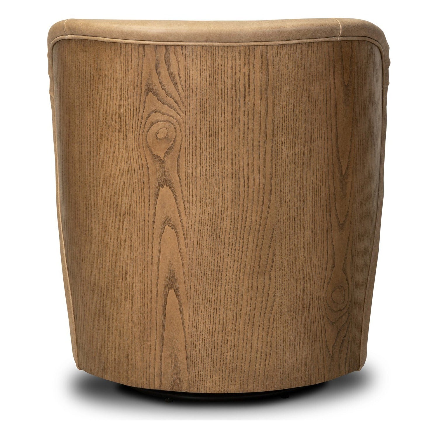 Four Hands Trisha Palermo Drift Swivel Chair in leather with wood-wing back on amber ash, back view showing wood wings