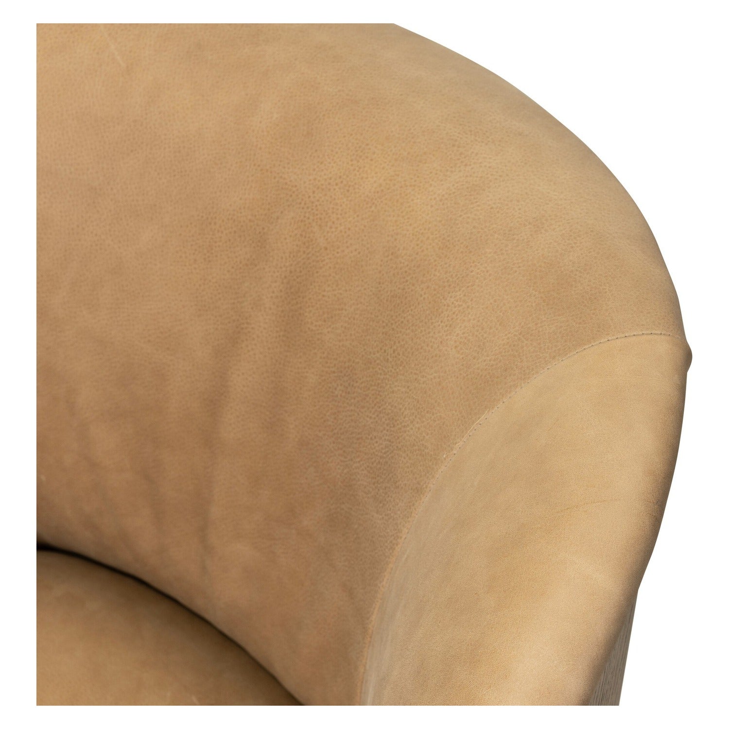 Four Hands Trisha Palermo Drift Swivel Chair in leather with wood-wing back on amber ash, close-up detail of wood wing, view 1
