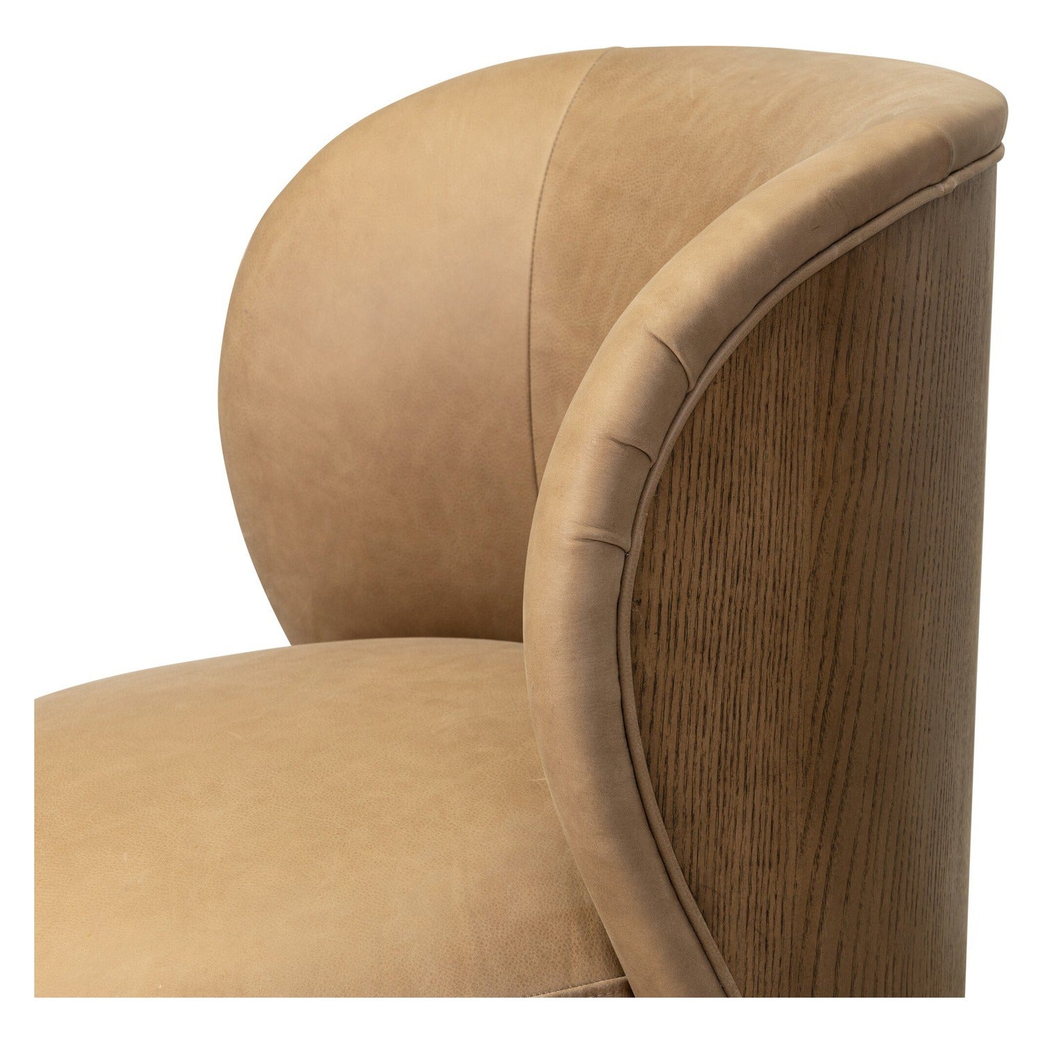 Four Hands Trisha Palermo Drift Swivel Chair in leather with wood-wing back on amber ash, close-up detail of leather, view 1