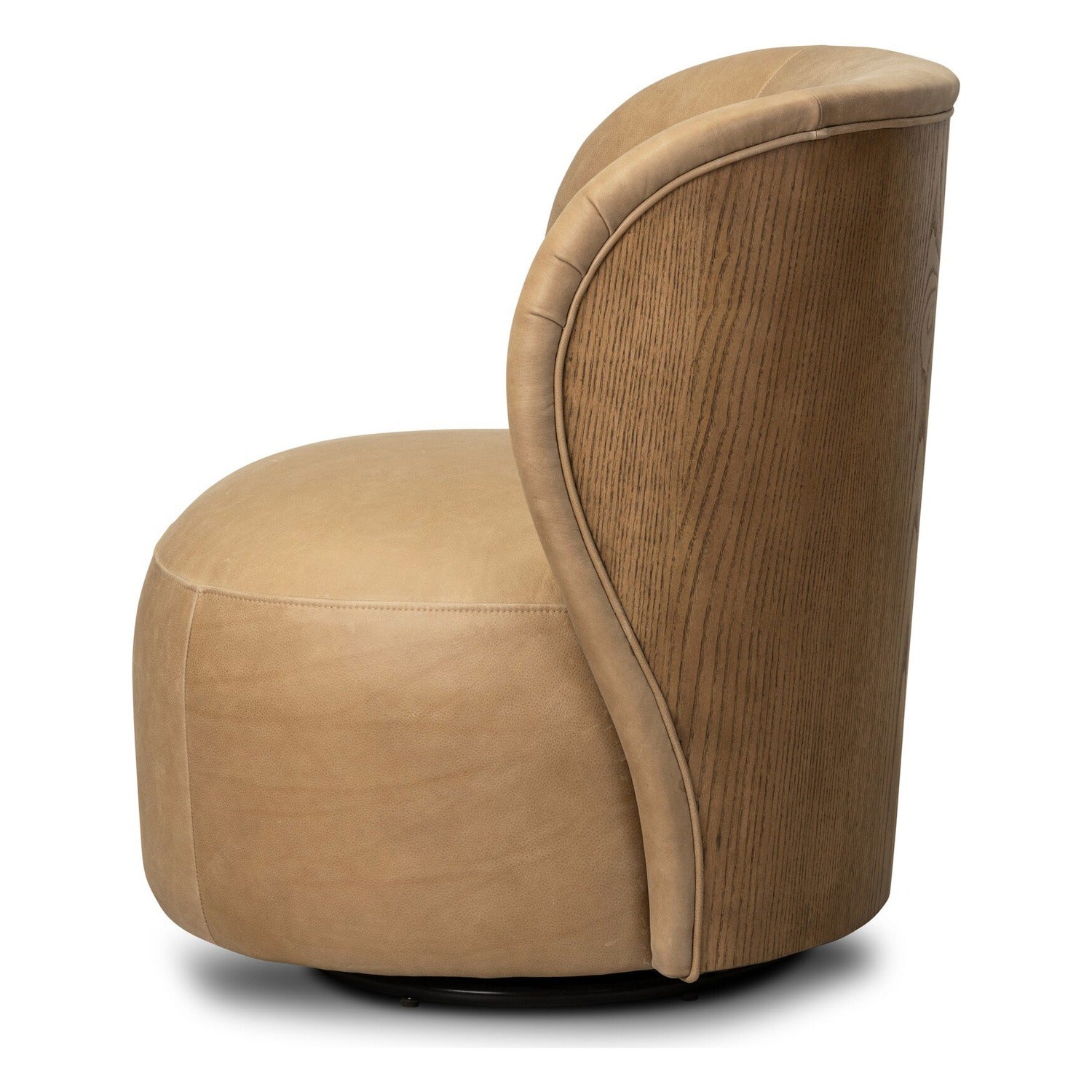 Four Hands Trisha Palermo Drift Swivel Chair in leather with wood-wing back on amber ash, side profile view