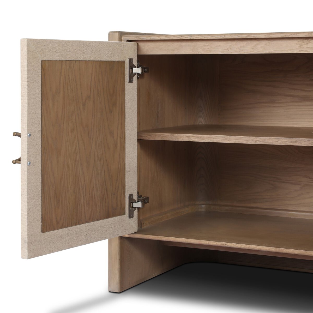 Four Hands Kiran Media Console in sandy oak and beige painted linen, close-up detail of iron hardware, view 1
