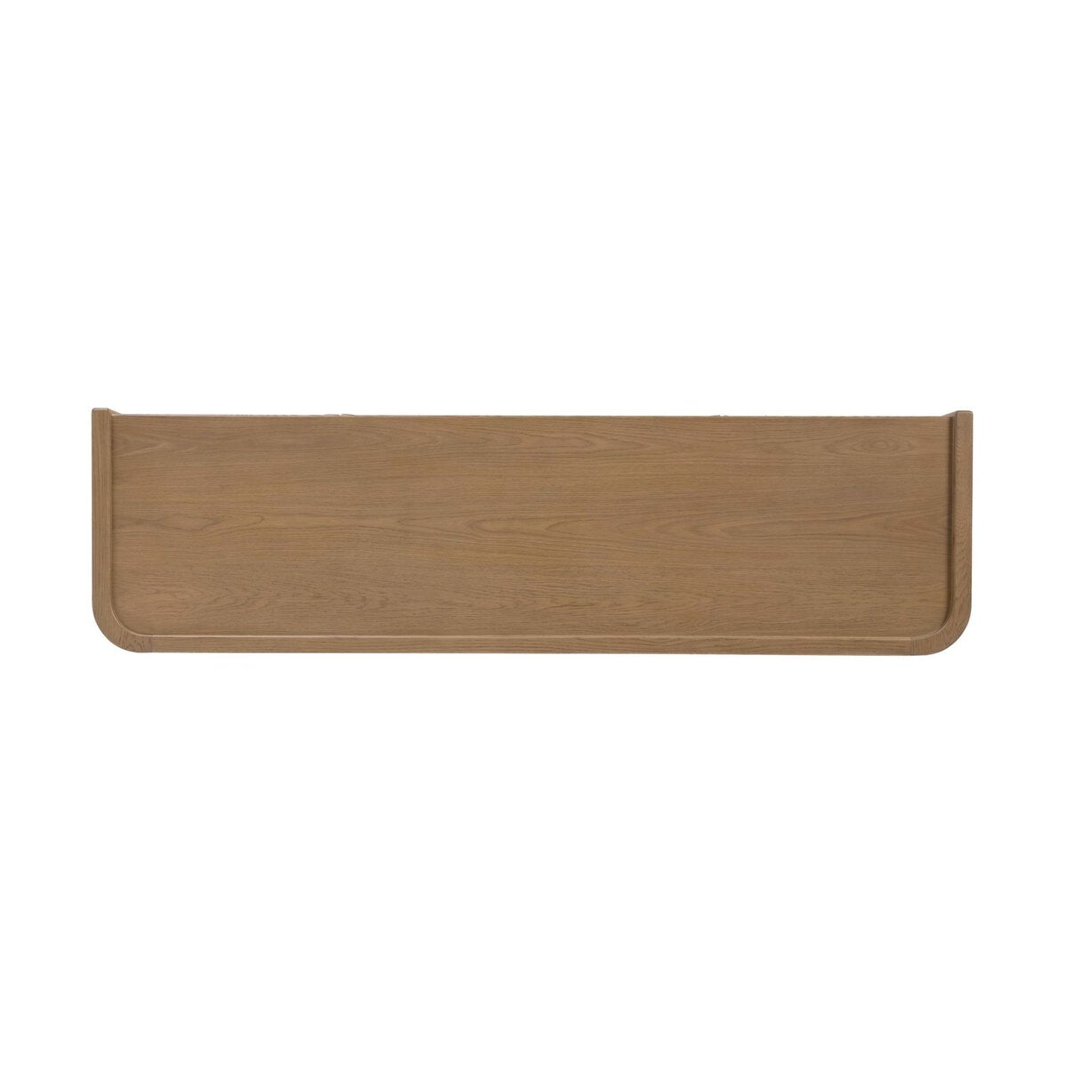 Four Hands Kiran Media Console in sandy oak and beige painted linen, top surface view