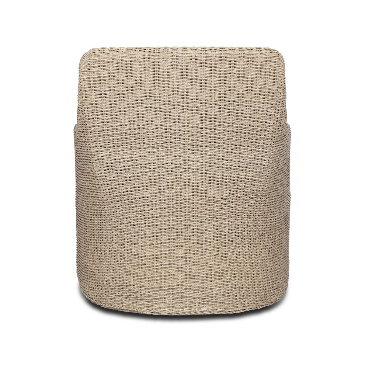 Four Hands Blaire Outdoor Swivel Chair in vintage white woven with salt cushion, back view
