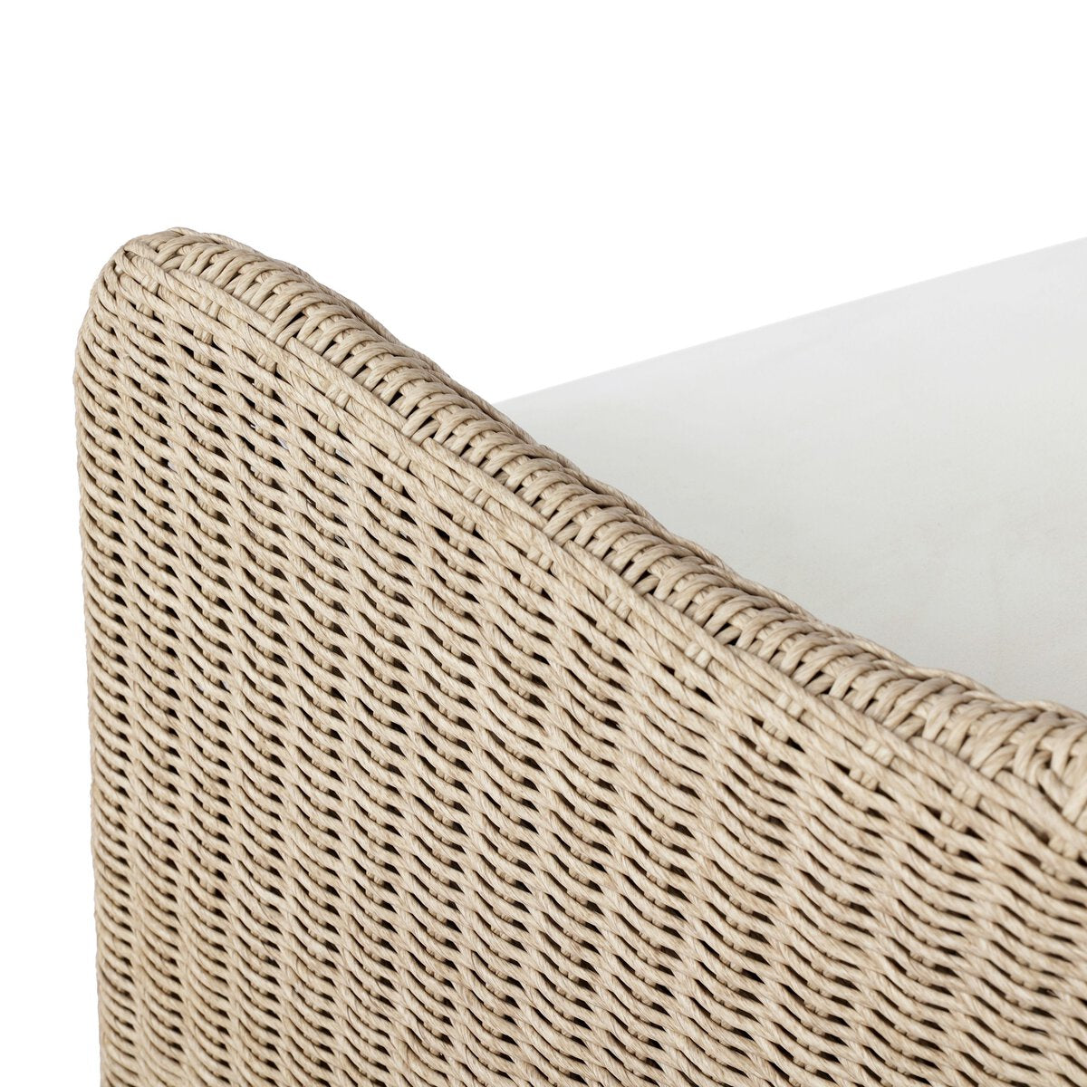 Four Hands Blaire Outdoor Swivel Chair in vintage white woven with salt cushion, close-up detail, view 3