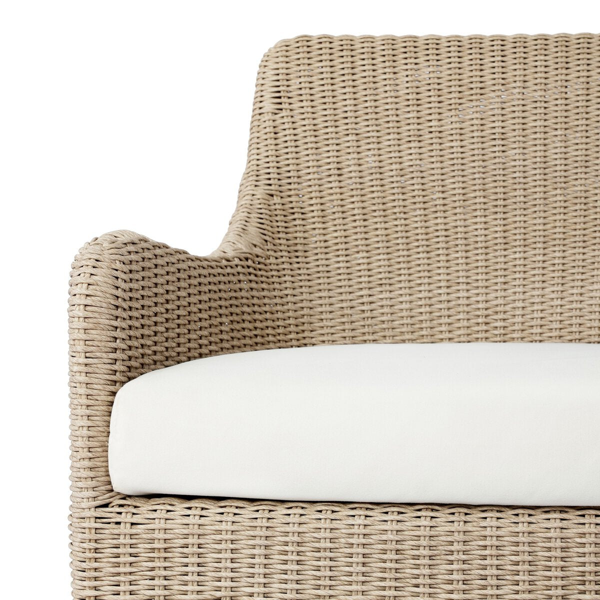 Four Hands Blaire Outdoor Swivel Chair in vintage white woven with salt cushion, close-up detail, view 2