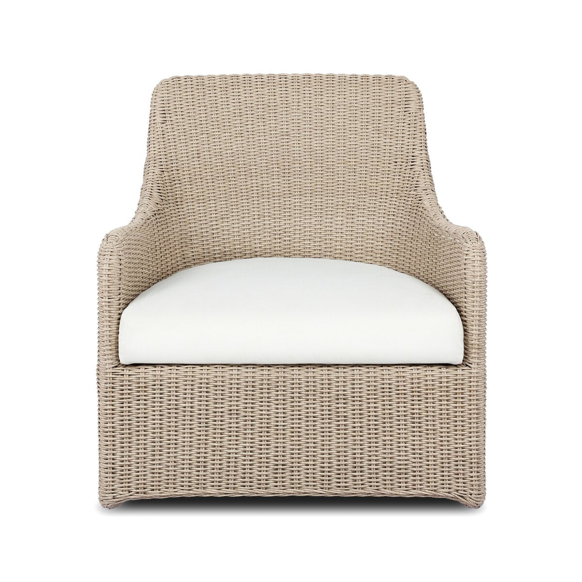 Four Hands Blaire Outdoor Swivel Chair in vintage white woven with salt cushion, front view