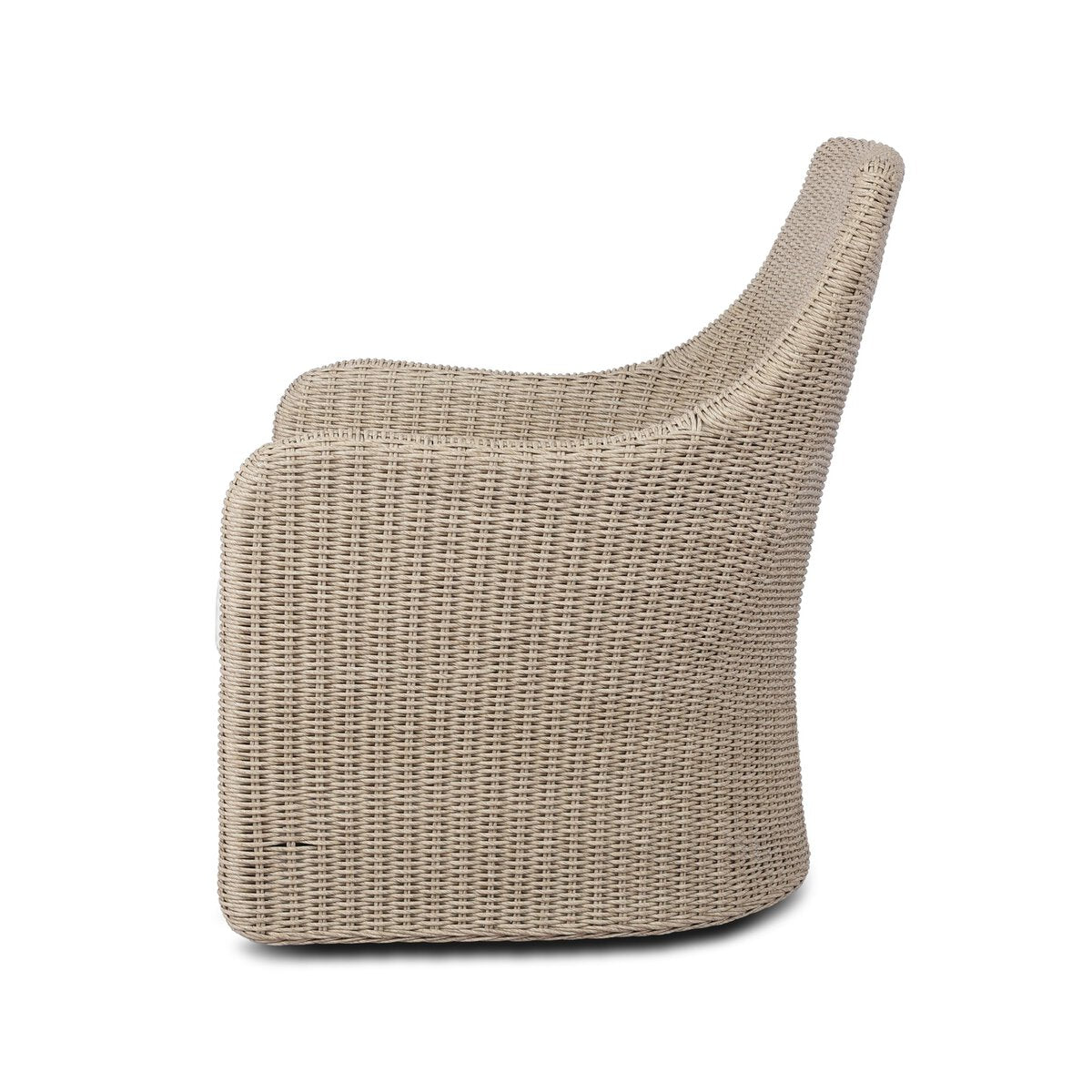 Four Hands Blaire Outdoor Swivel Chair in vintage white woven with salt cushion, side profile view