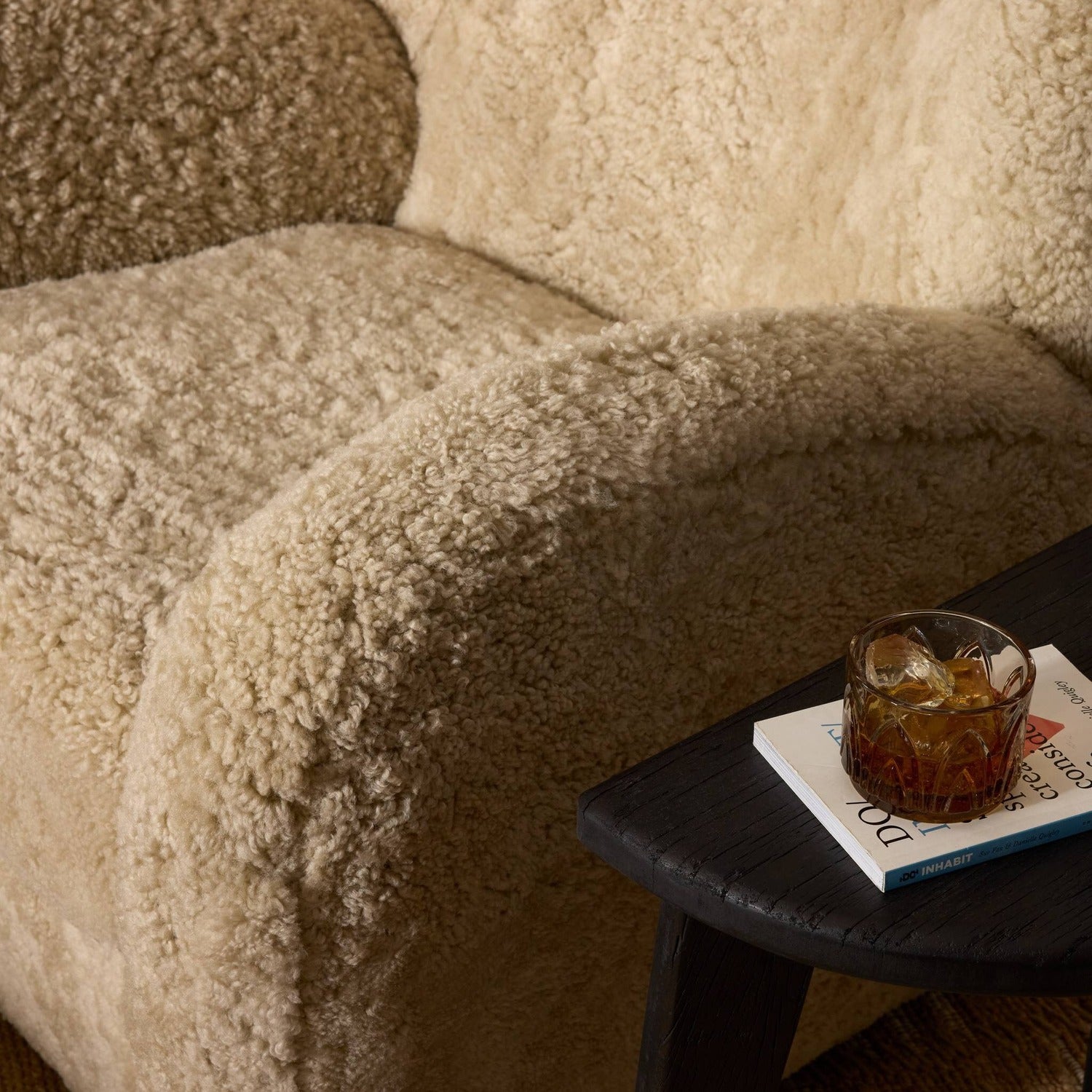 Four Hands Amelie Beige Shearling Swivel Recliner, lifestyle styling view, view 3
