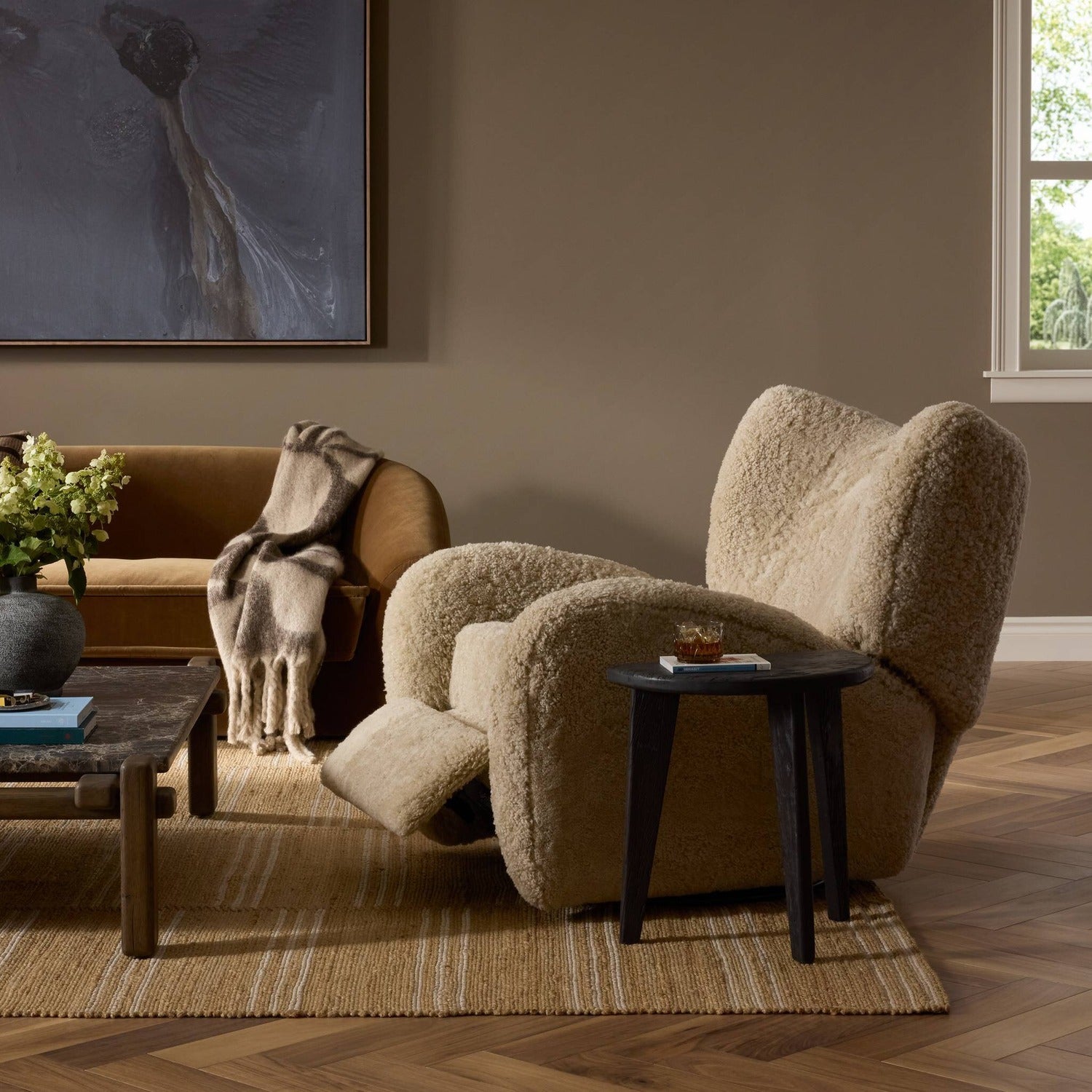 Four Hands Amelie Beige Shearling Swivel Recliner