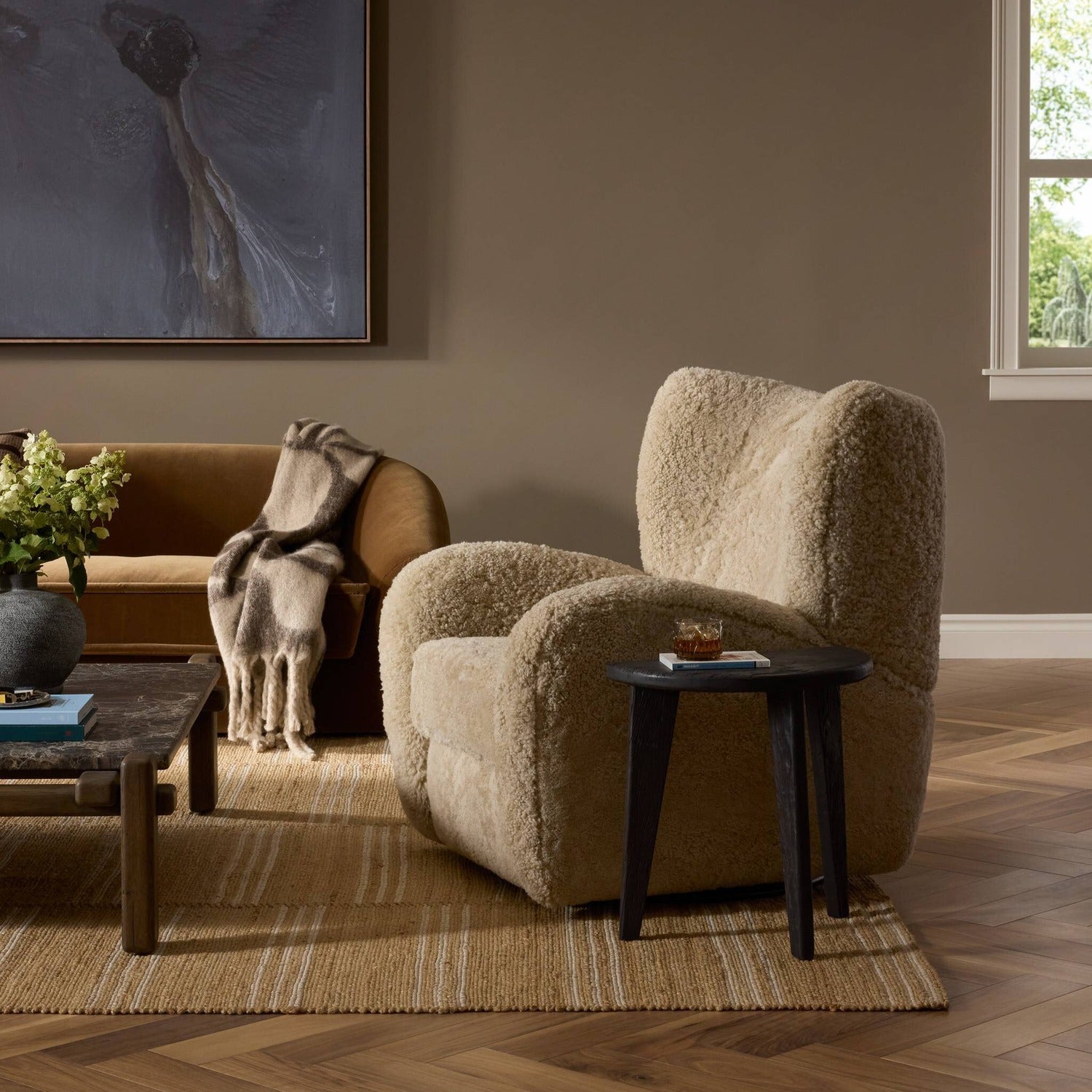 Four Hands Amelie Beige Shearling Swivel Recliner, lifestyle styling view, view 2