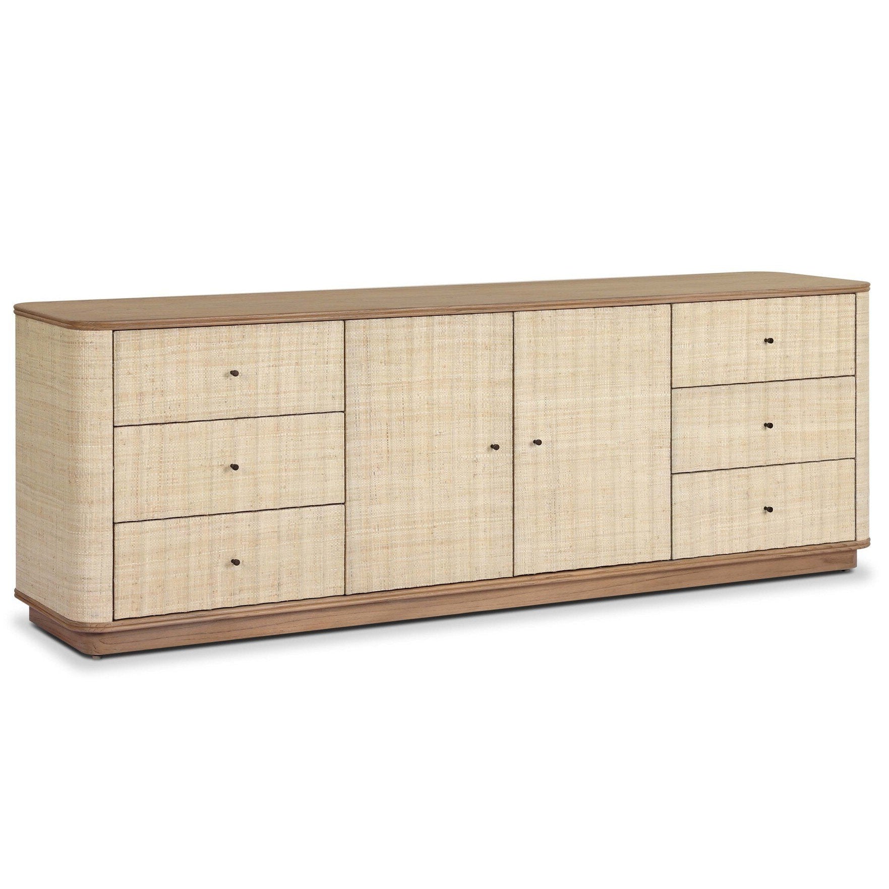 Four Hands Meyer Natural Fleck Raffia Media Console - styled view