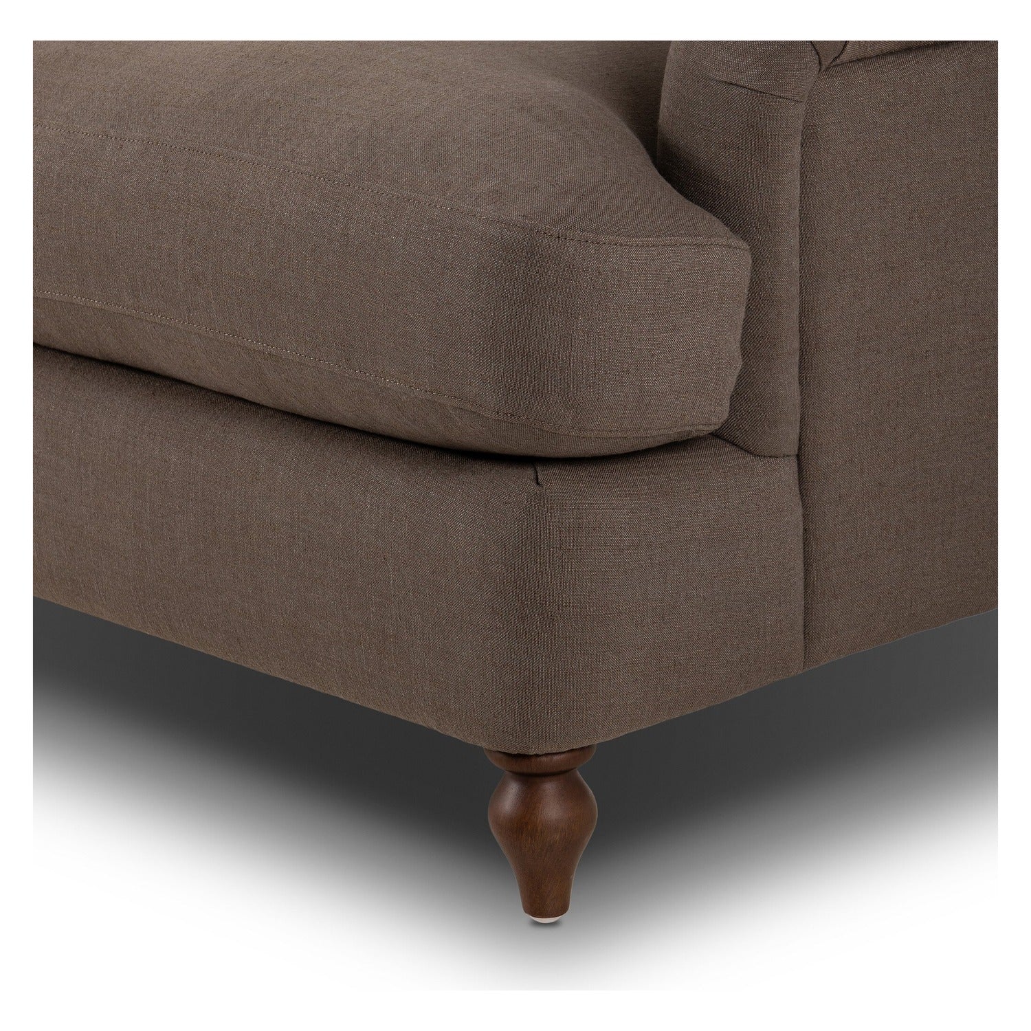 Four Hands Tiani Savoy Coffee Sofa 95in with reverse camelback and pleated arms, close-up detail of pleated arm, view 1