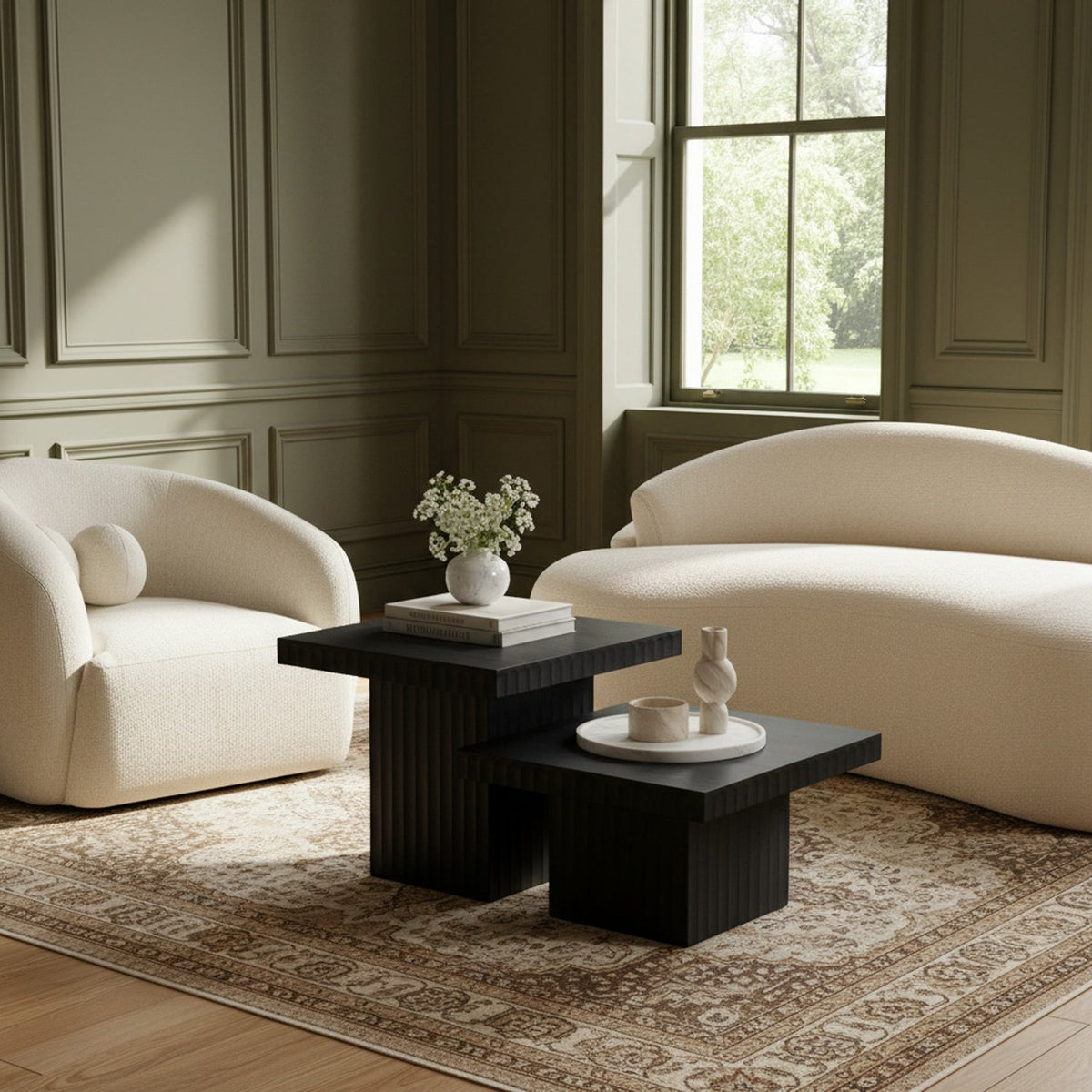 Spencer Black Solid Wood And Oak Veneer 2 Piece Coffee Table