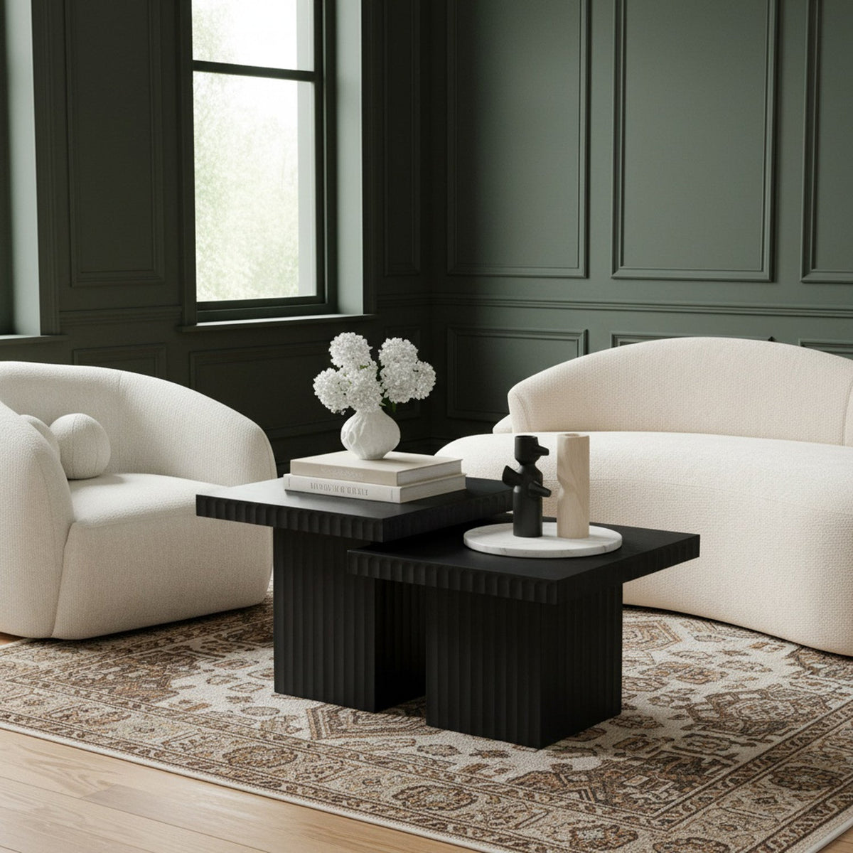 Spencer Black Solid Wood And Oak Veneer 2 Piece Coffee Table