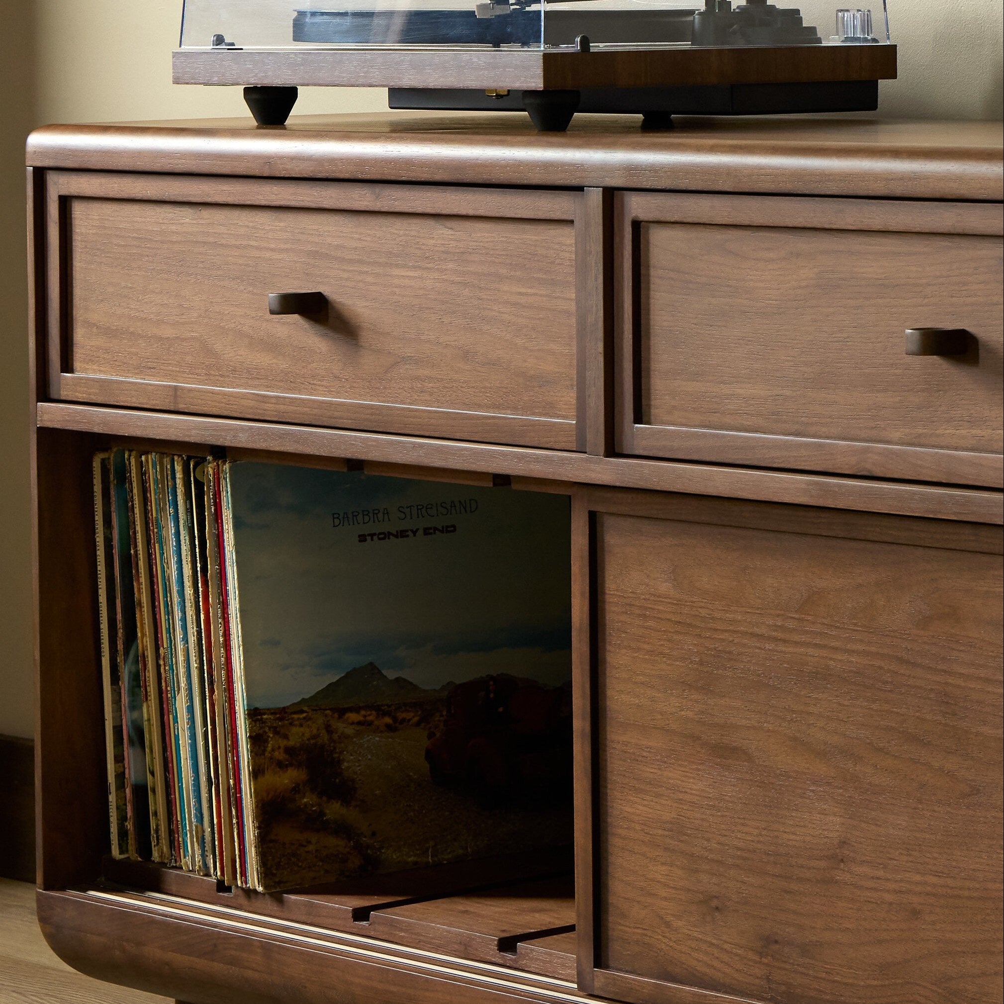 Four Hands Vincent Dark Brown Walnut Media Console w/Record Storage joinery close-up