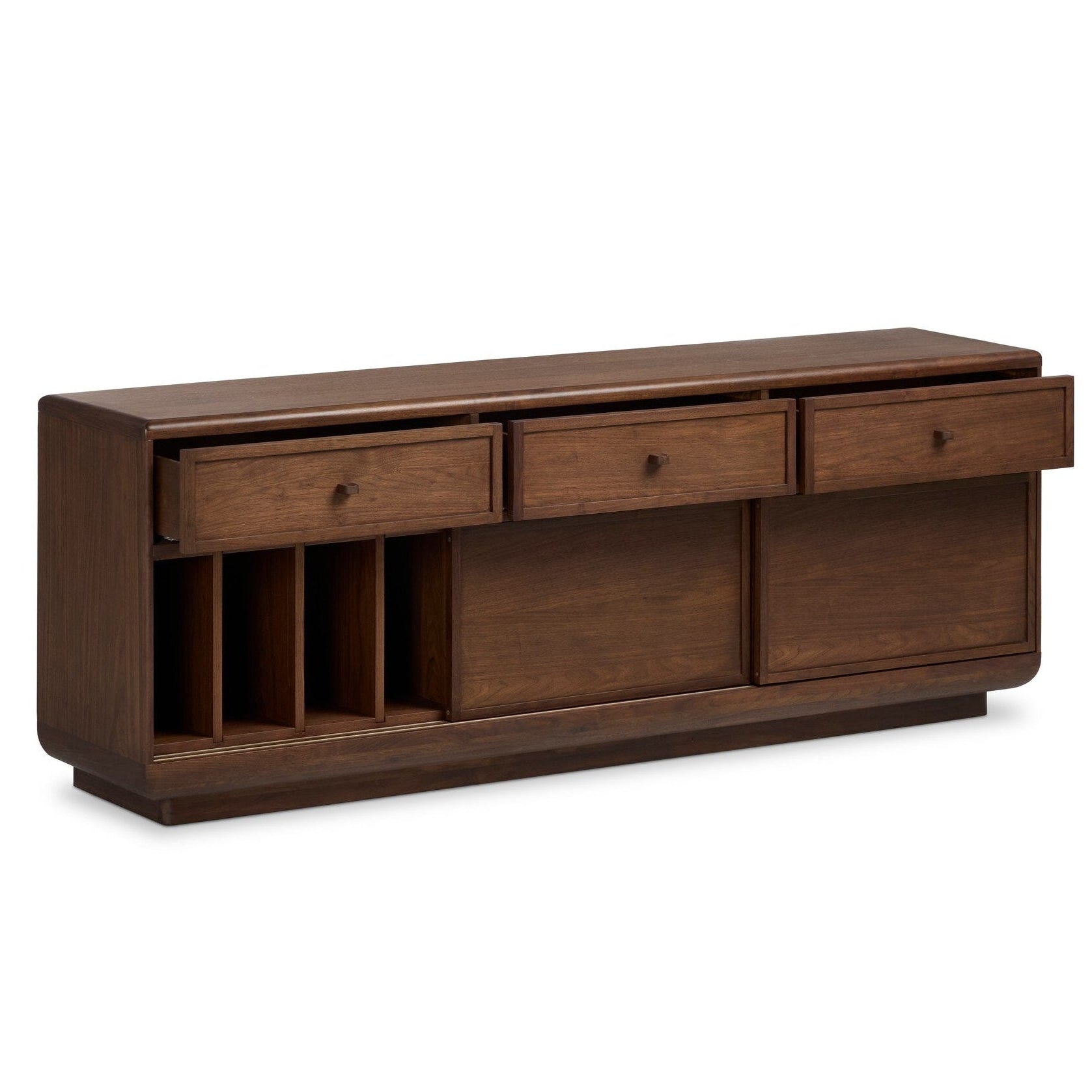 Four Hands Vincent Dark Brown Walnut Media Console w/Record Storage shown open with storage revealed (2)
