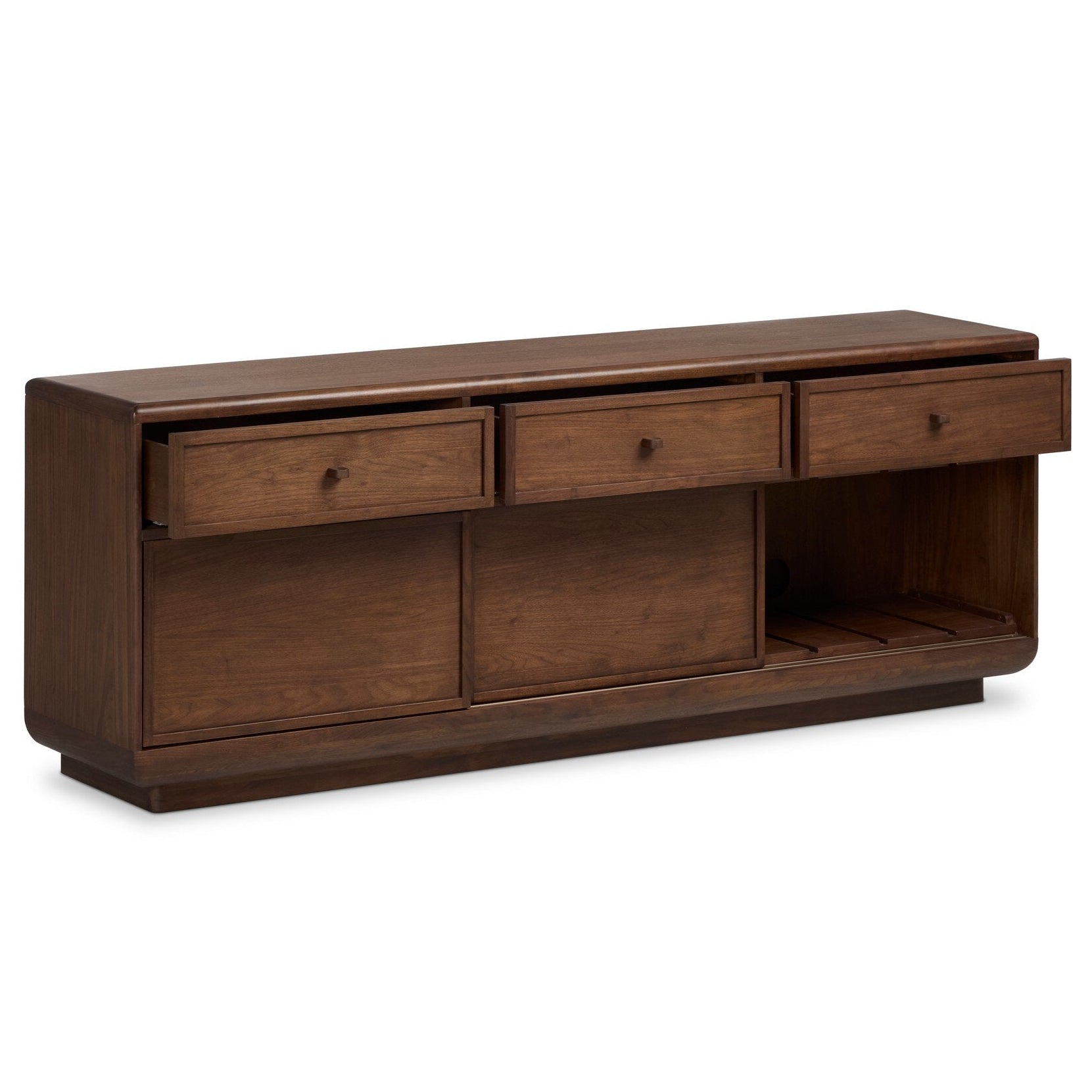 Four Hands Vincent Dark Brown Walnut Media Console w/Record Storage shown open with storage revealed (6)