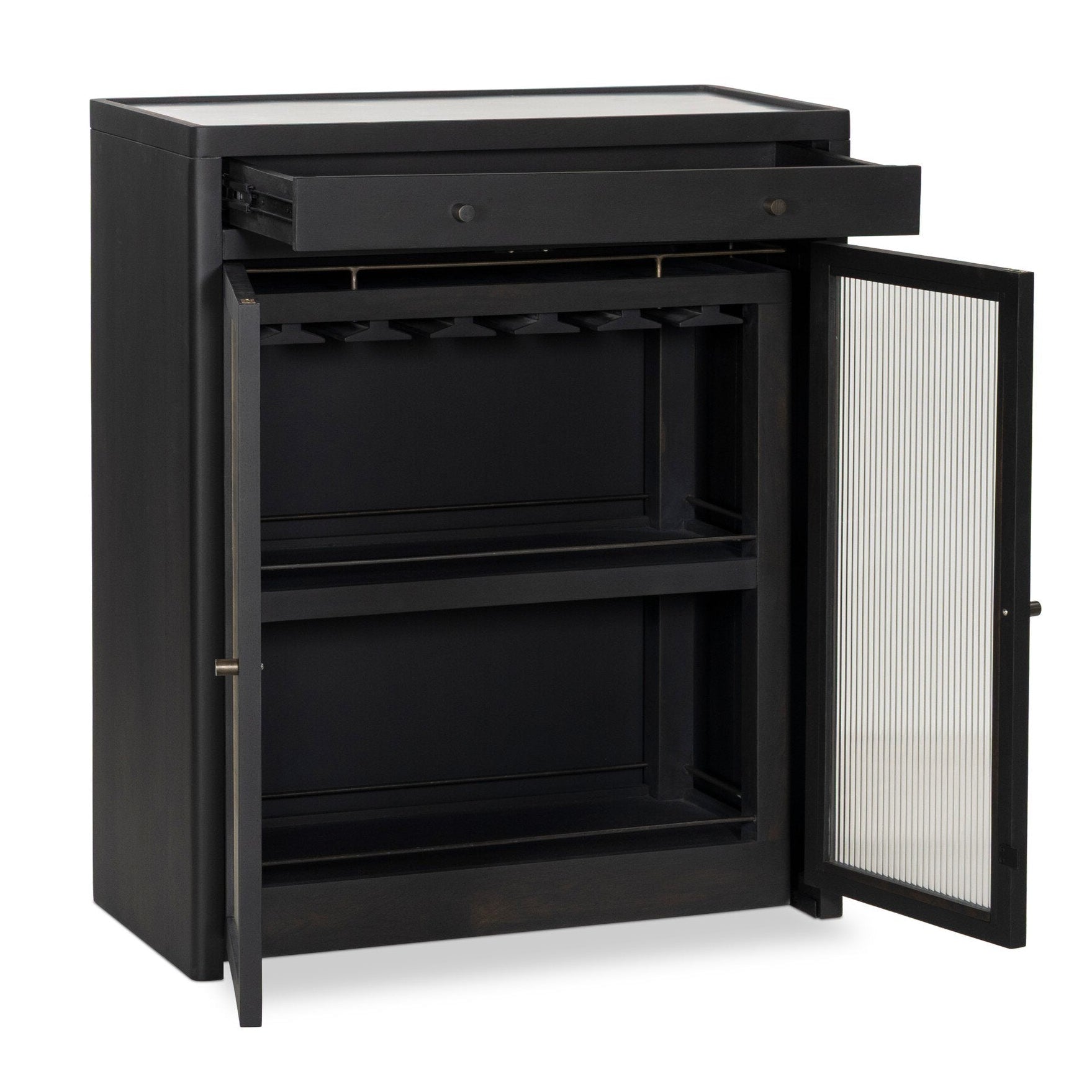 Four Hands Santiago Smoked Black Mango Bar Cabinet open view