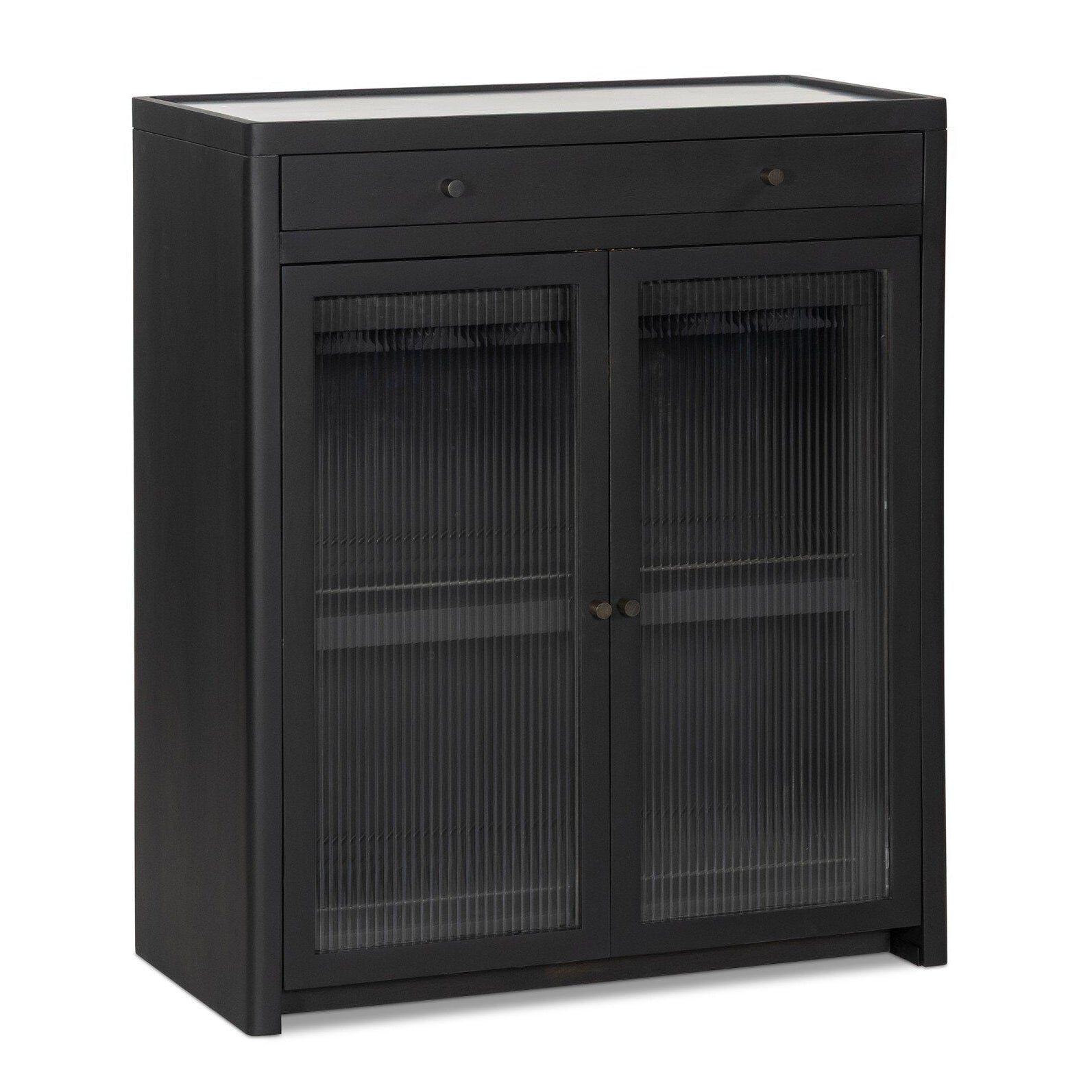 Four Hands Santiago Smoked Black Mango Bar Cabinet styled view