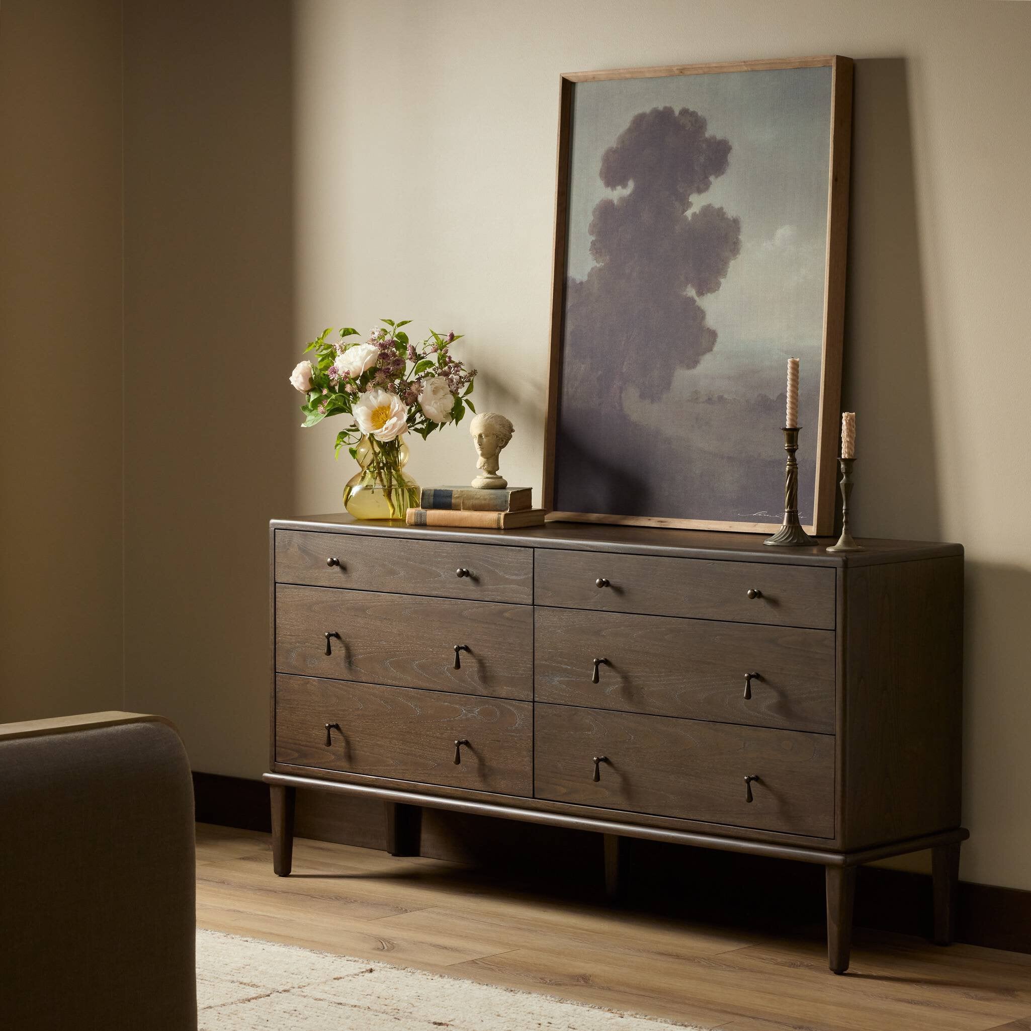 Four Hands Zaria Dark Brown Sungkai 6 Drawer Dresser styled in a room setting