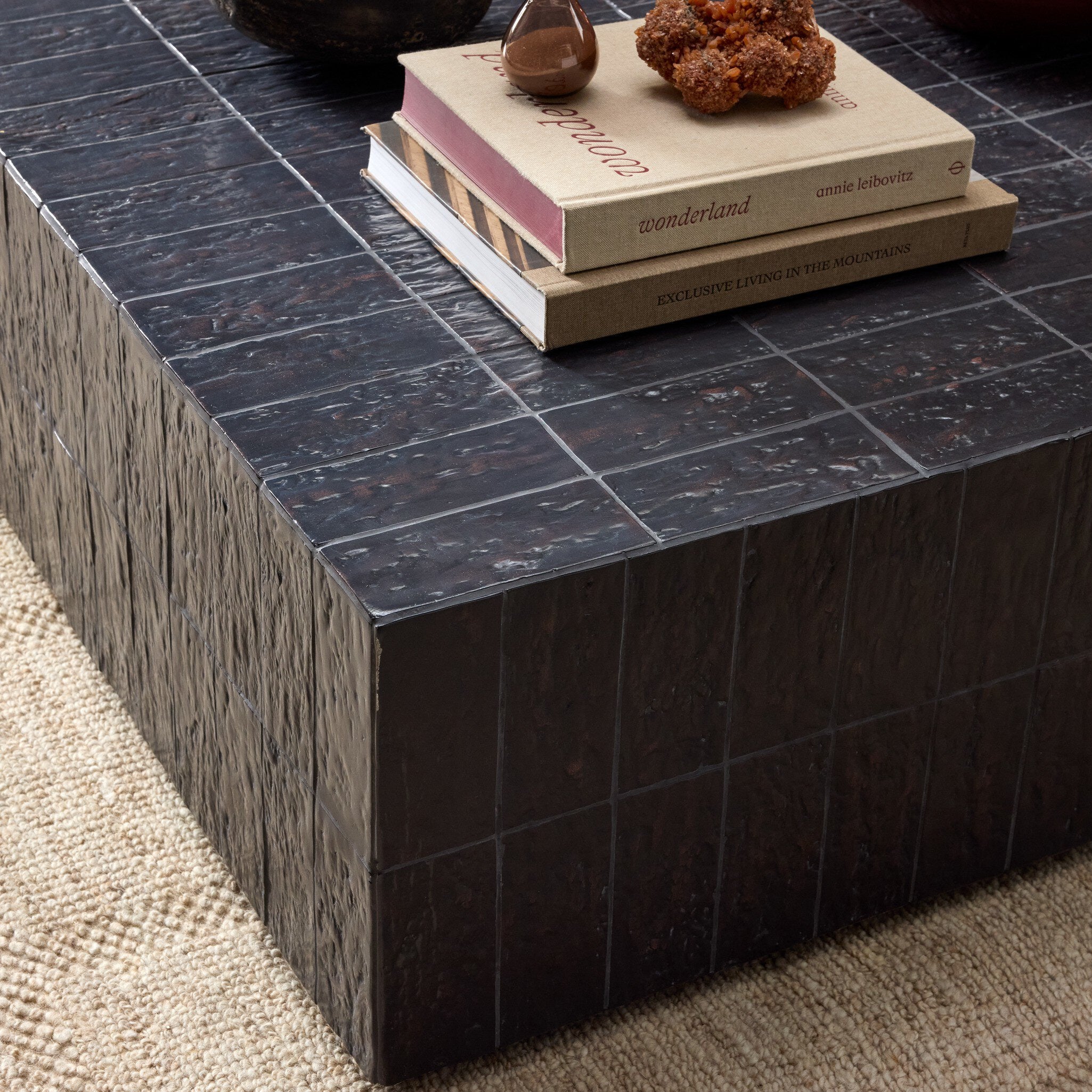 Four Hands Tanik Textured Brown Tile Coffee Table — texture detail