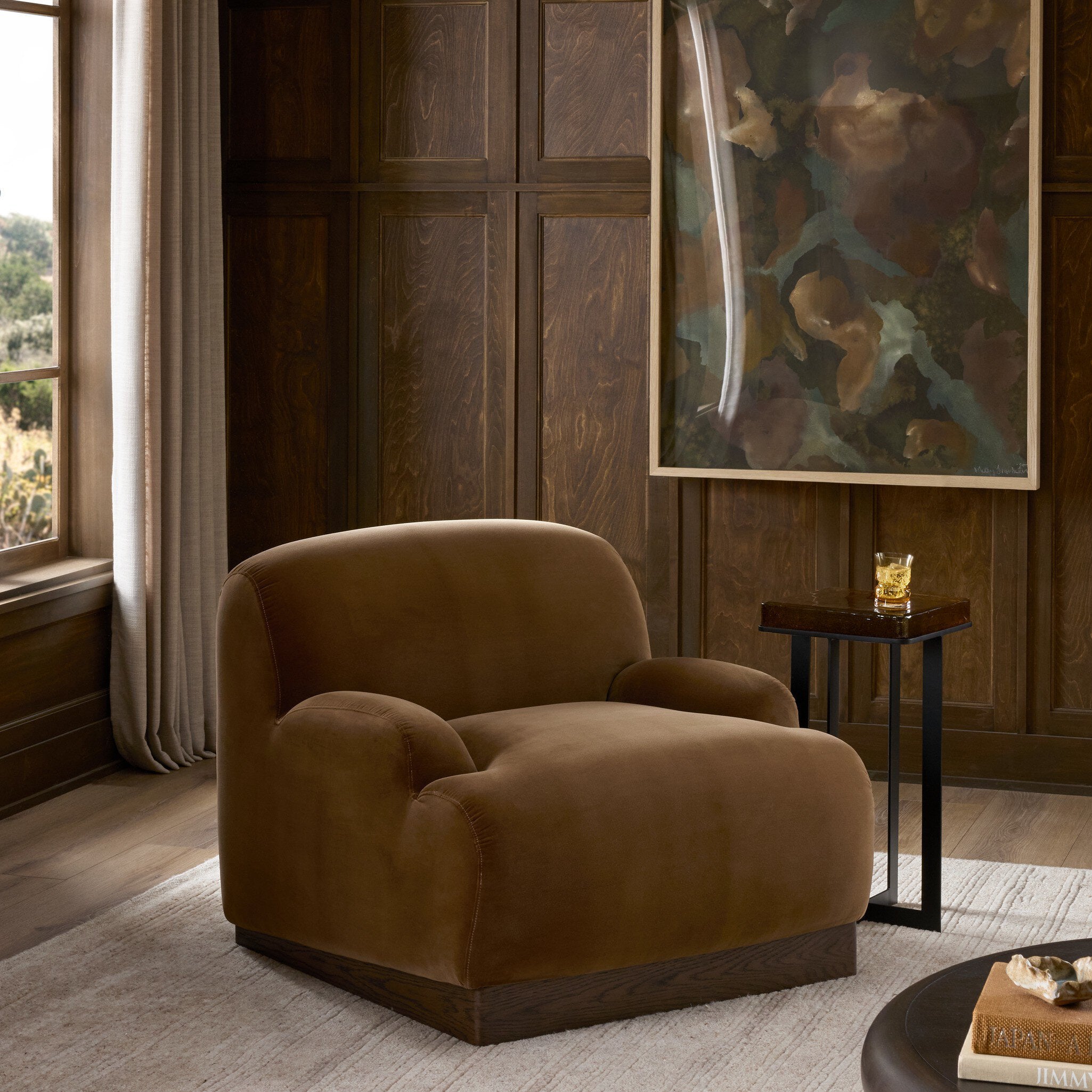 Four Hands Samos Surrey Ochre Chair — in a styled room setting