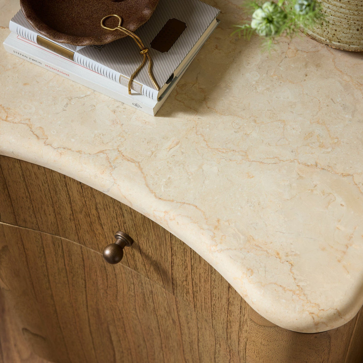 Four Hands Boa Cream Marble Small Nightstand — hardware and joinery