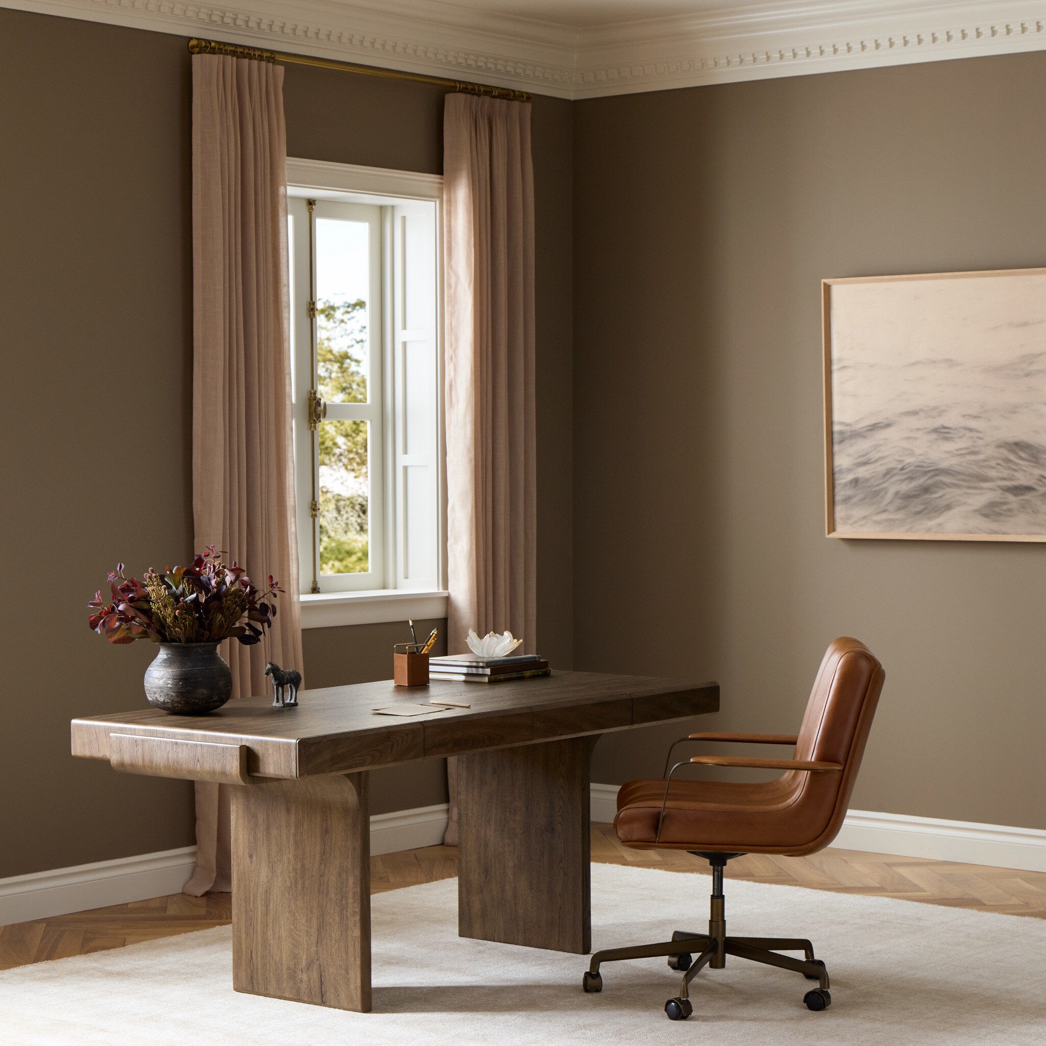 Four Hands Soloma Grey Oak Desk - styled room setting