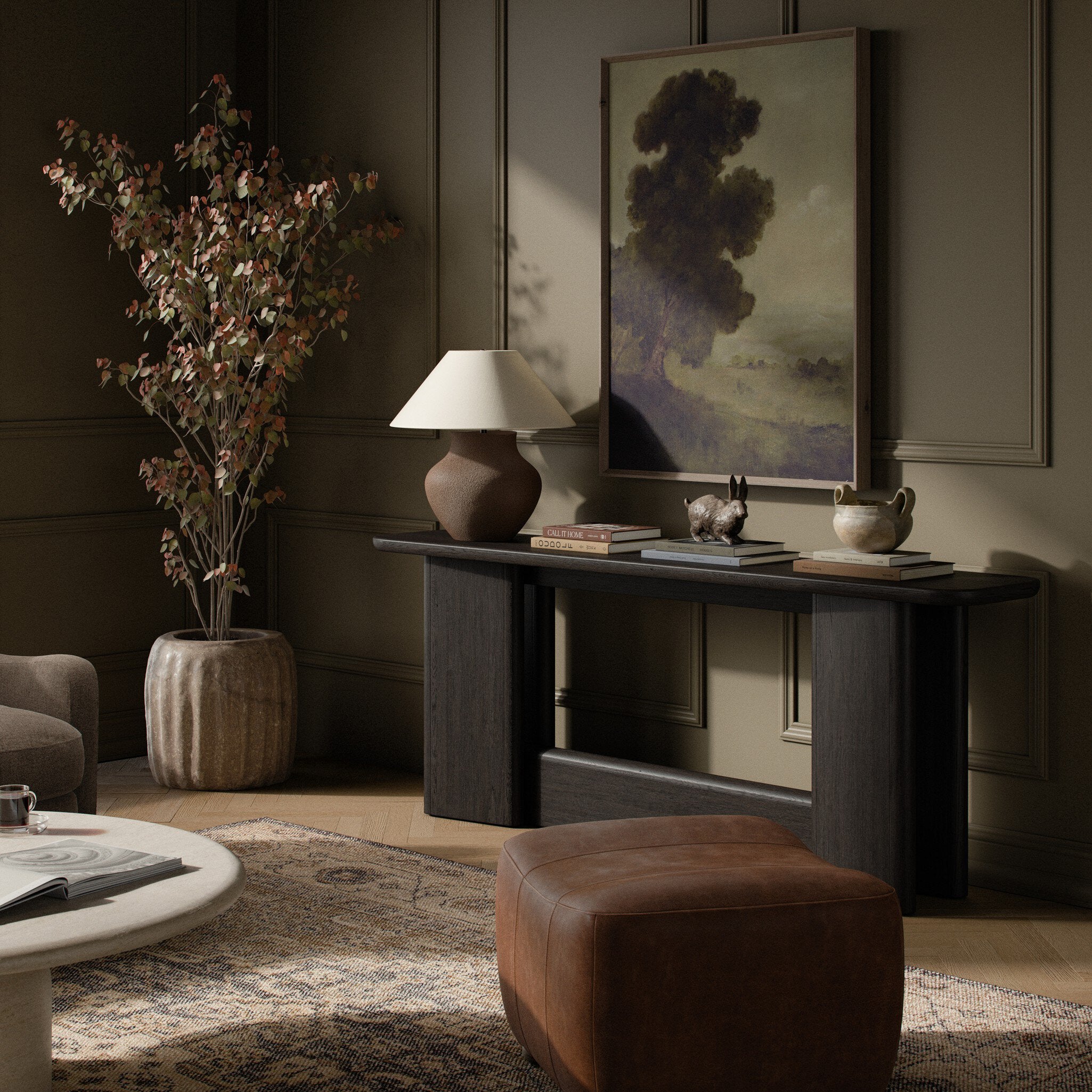 Four Hands Nadine Smoked Black Oak Console Table - styled room setting