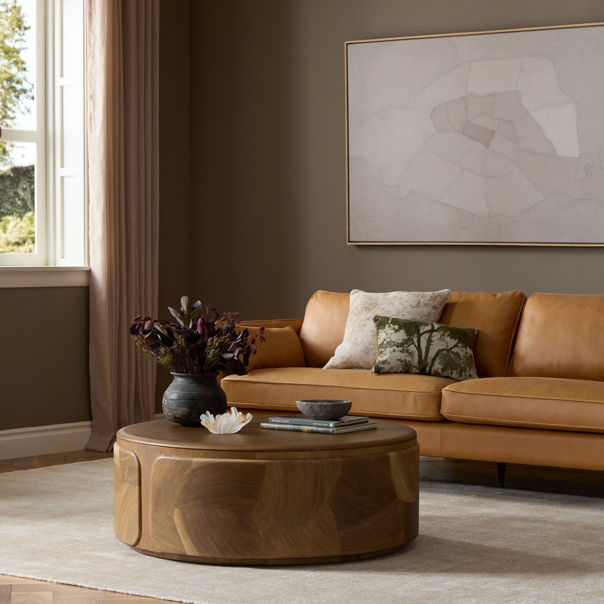 Four Hands Marlena Smoked American Oak Coffee Table - styled room setting