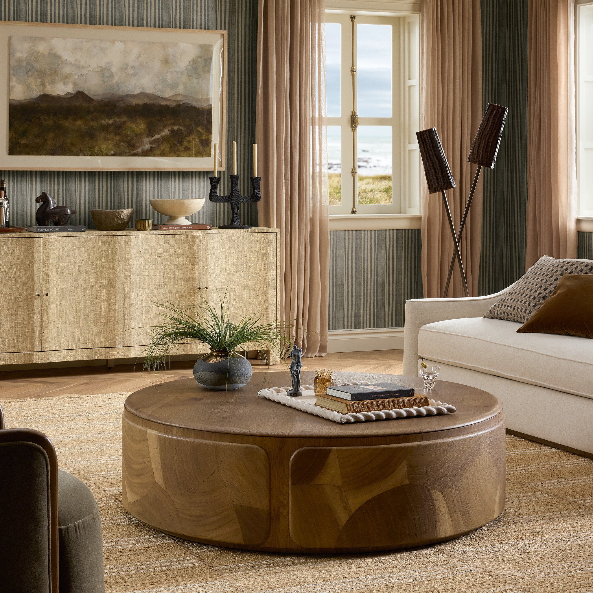 Four Hands Marlena Smoked American Oak Coffee Table - styled room setting