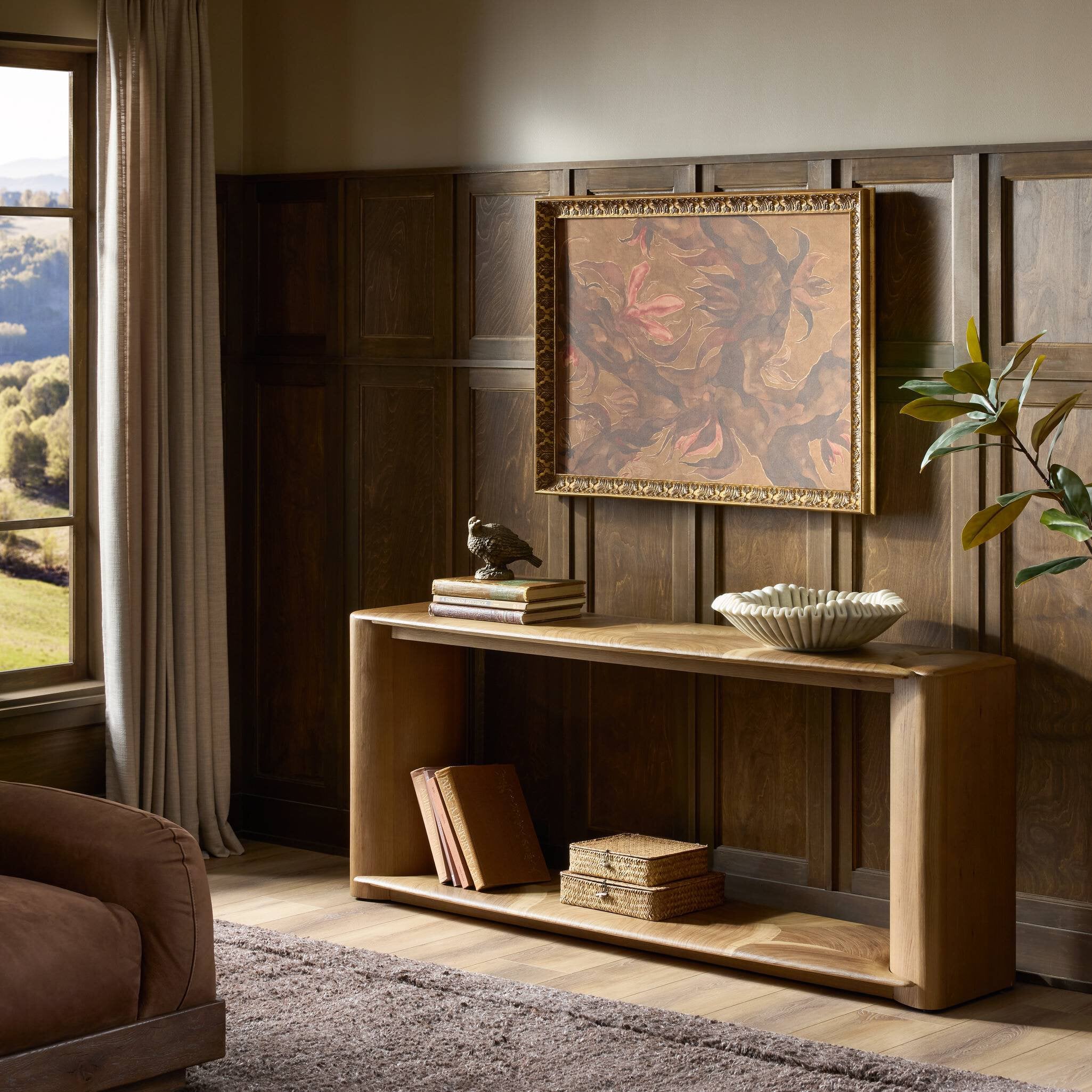 Four Hands Marlena Smoked American Oak Console Table - styled room setting