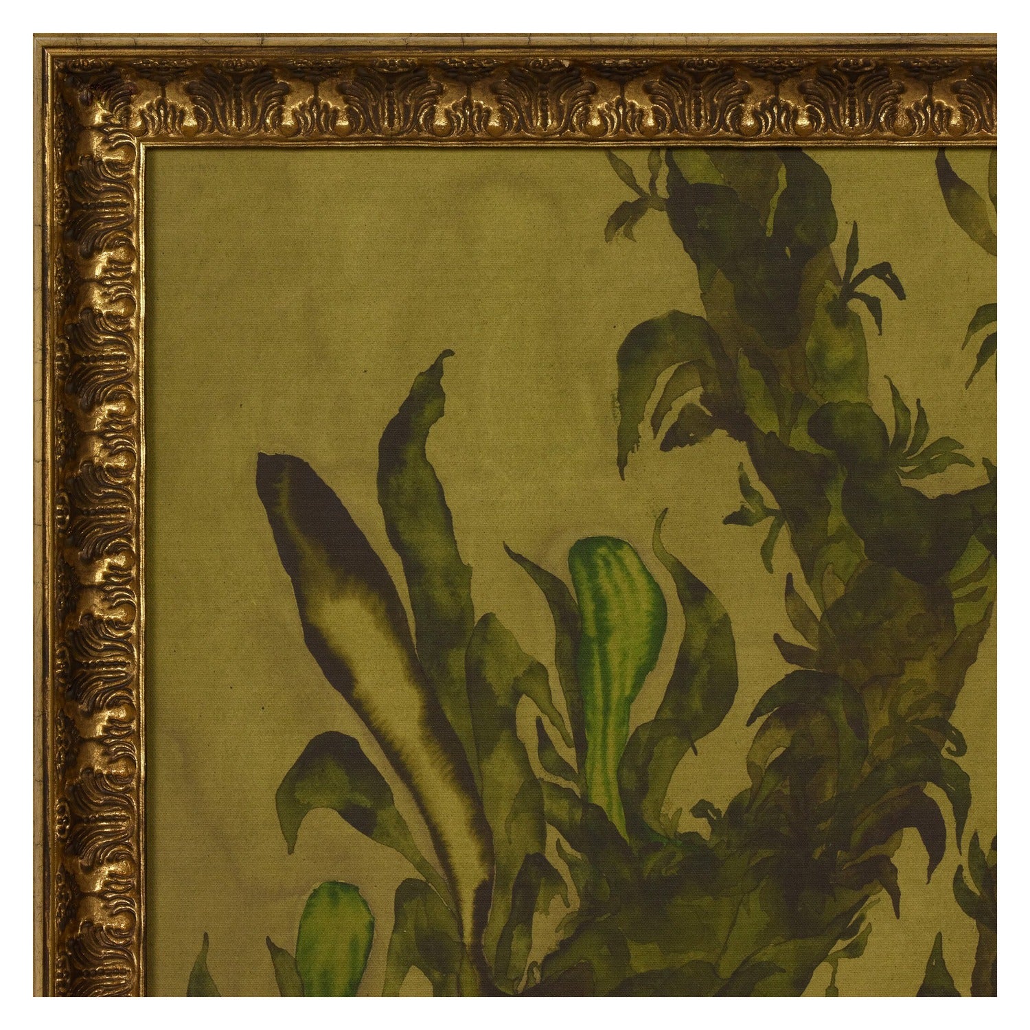Molly Franken x Four Hands Epiphytes in gilded antique gold frame, close-up detail of canvas texture, view 1