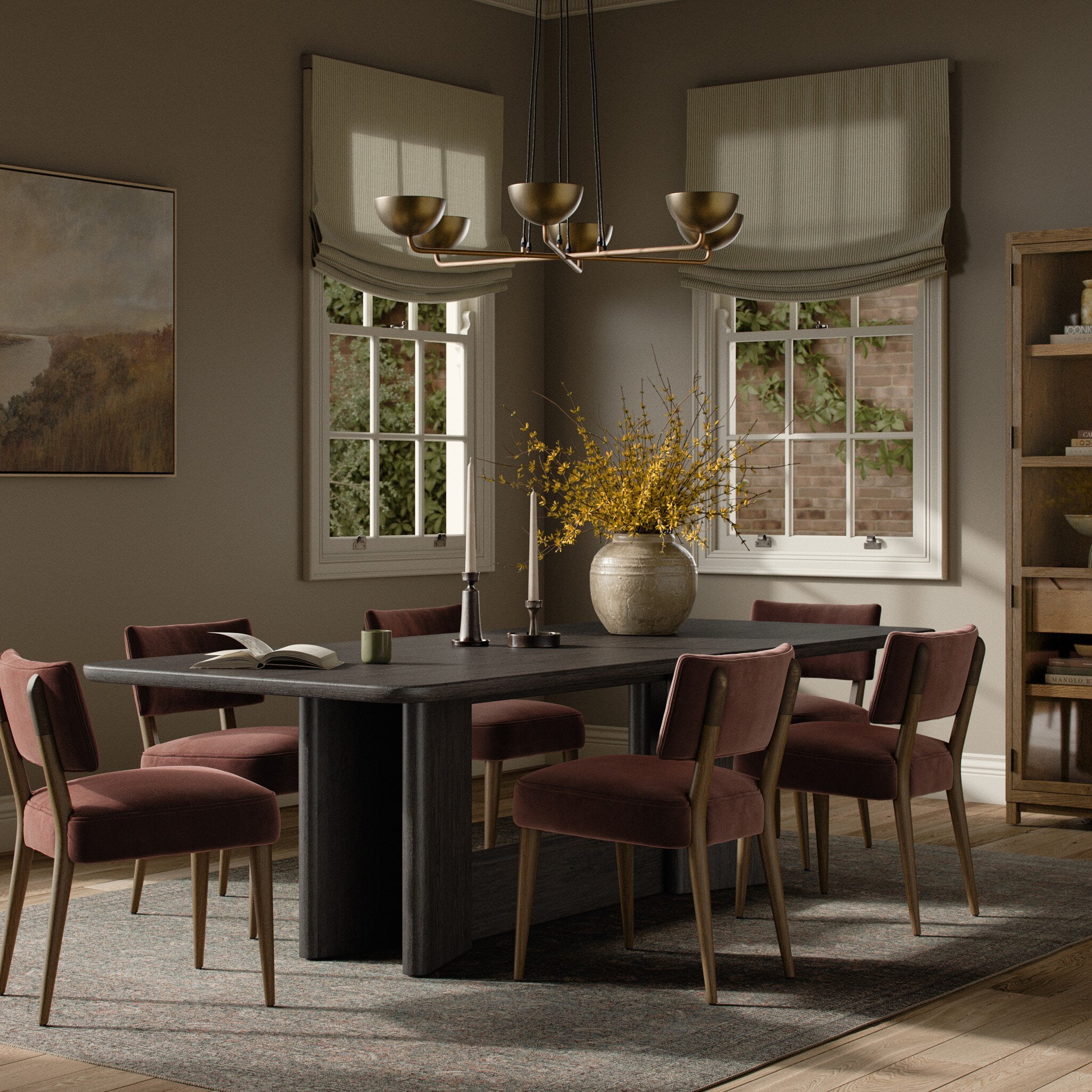 Four Hands Nadine Smoked Black Oak Dining Table - styled room setting