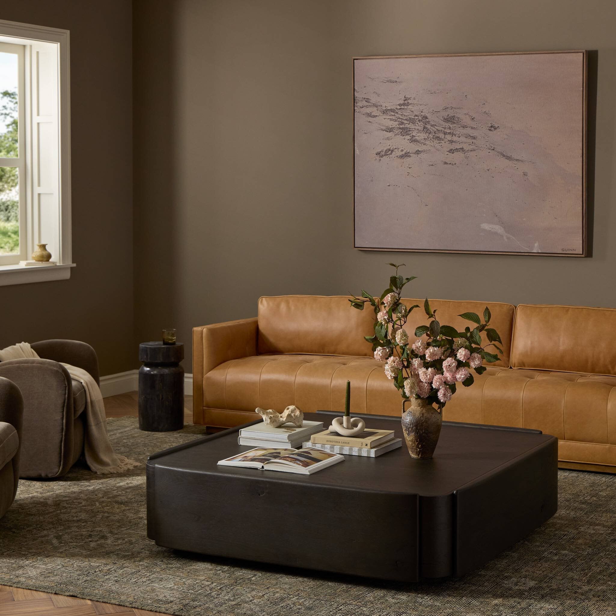 Four Hands Floyd Smoked Black Oak Coffee Table - styled room setting