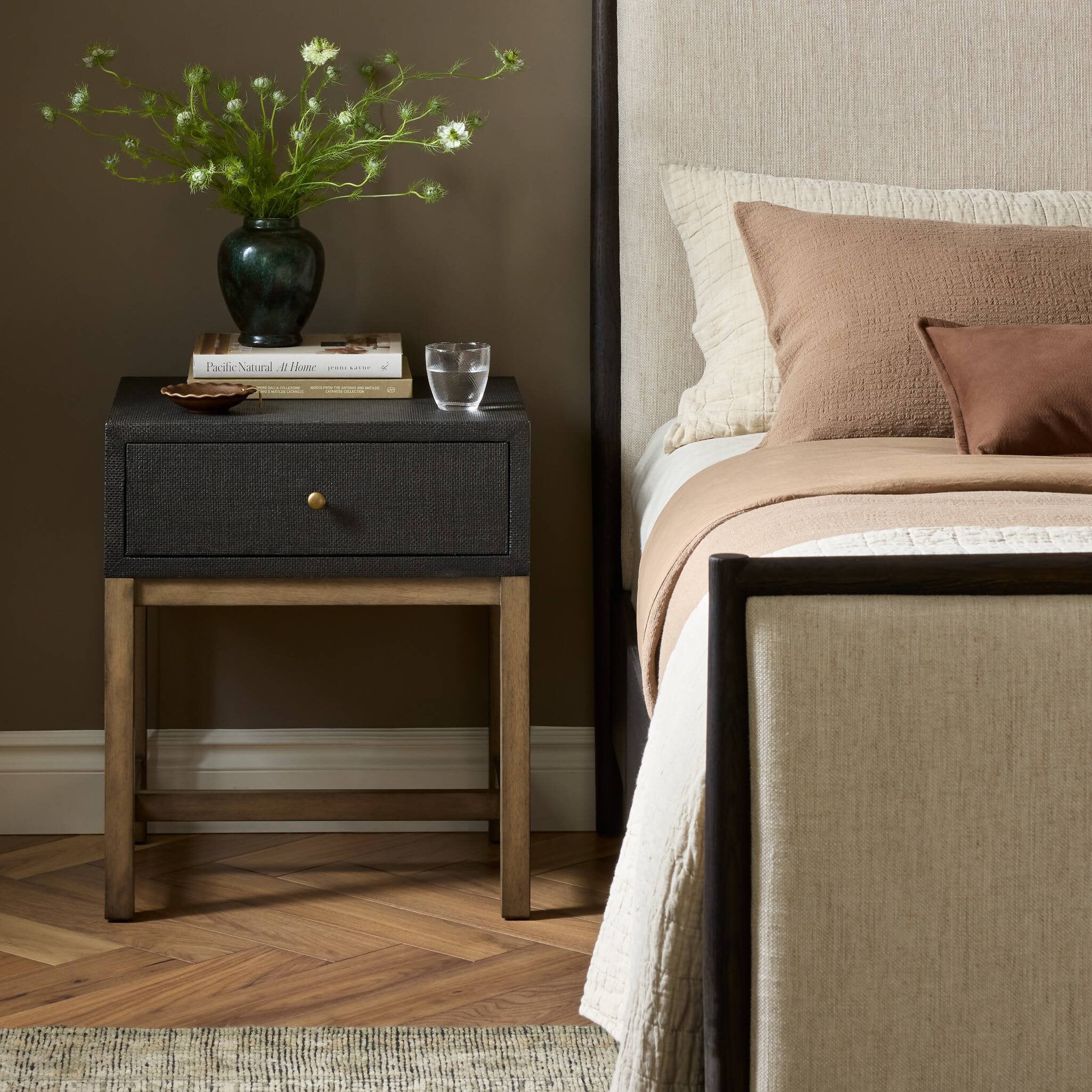 Four Hands Fiona Russet Mahogany Small Nightstand styled in a room setting