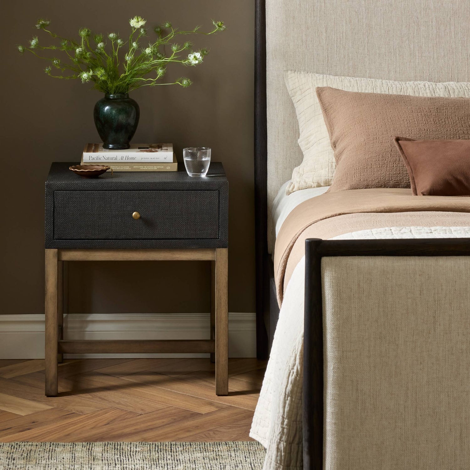 Four Hands Fiona Russet Mahogany Small Nightstand styled in a room setting
