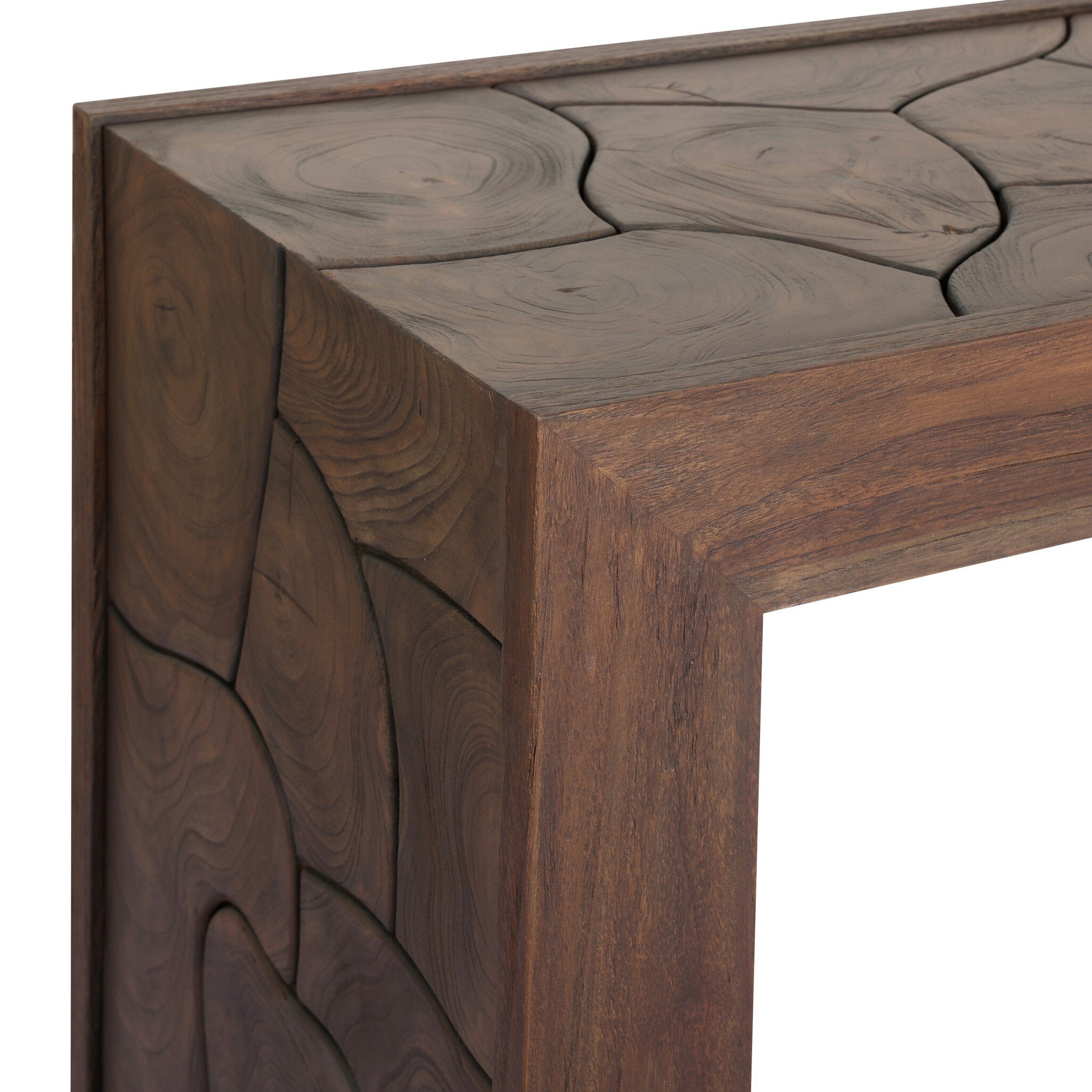 Four Hands Ridge Saddle Brown-Teak Root Outdoor Console Table material close-up