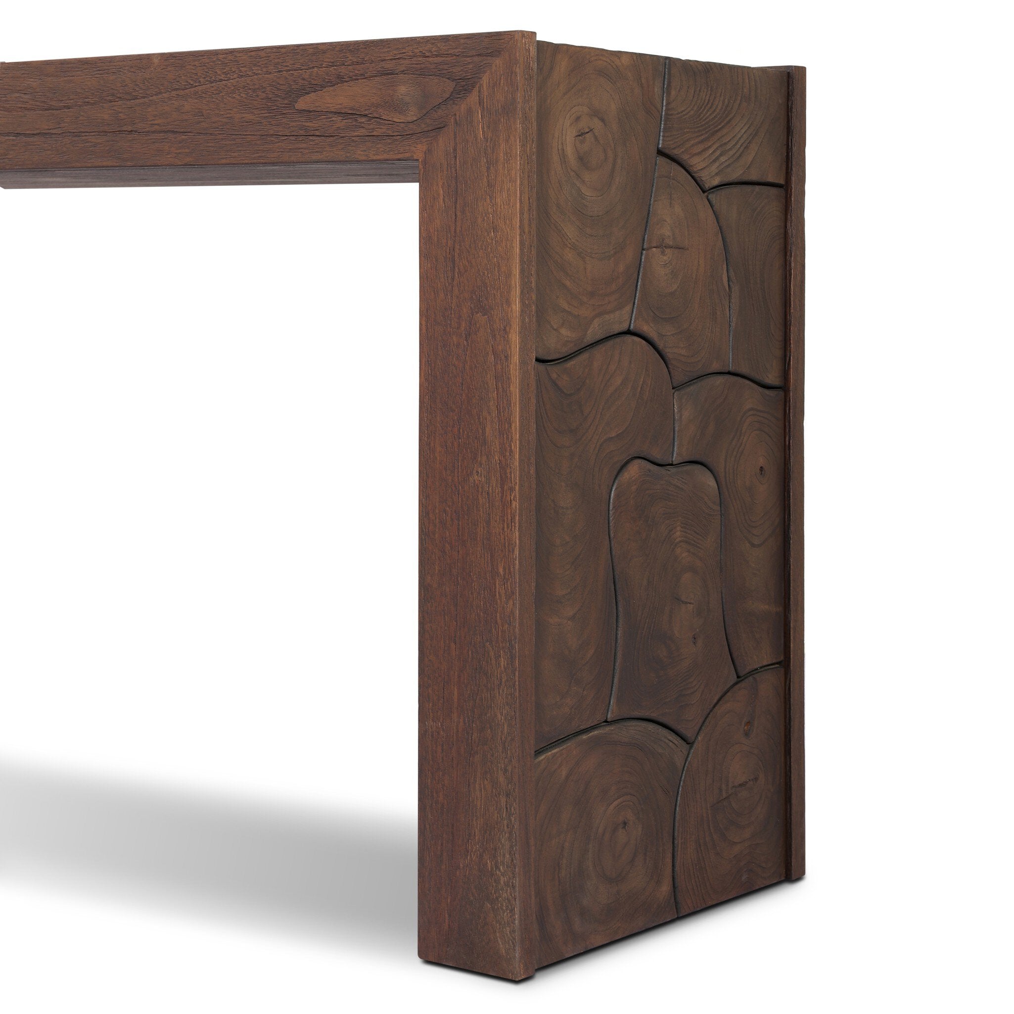 Four Hands Ridge Saddle Brown-Teak Root Outdoor Console Table finish close-up
