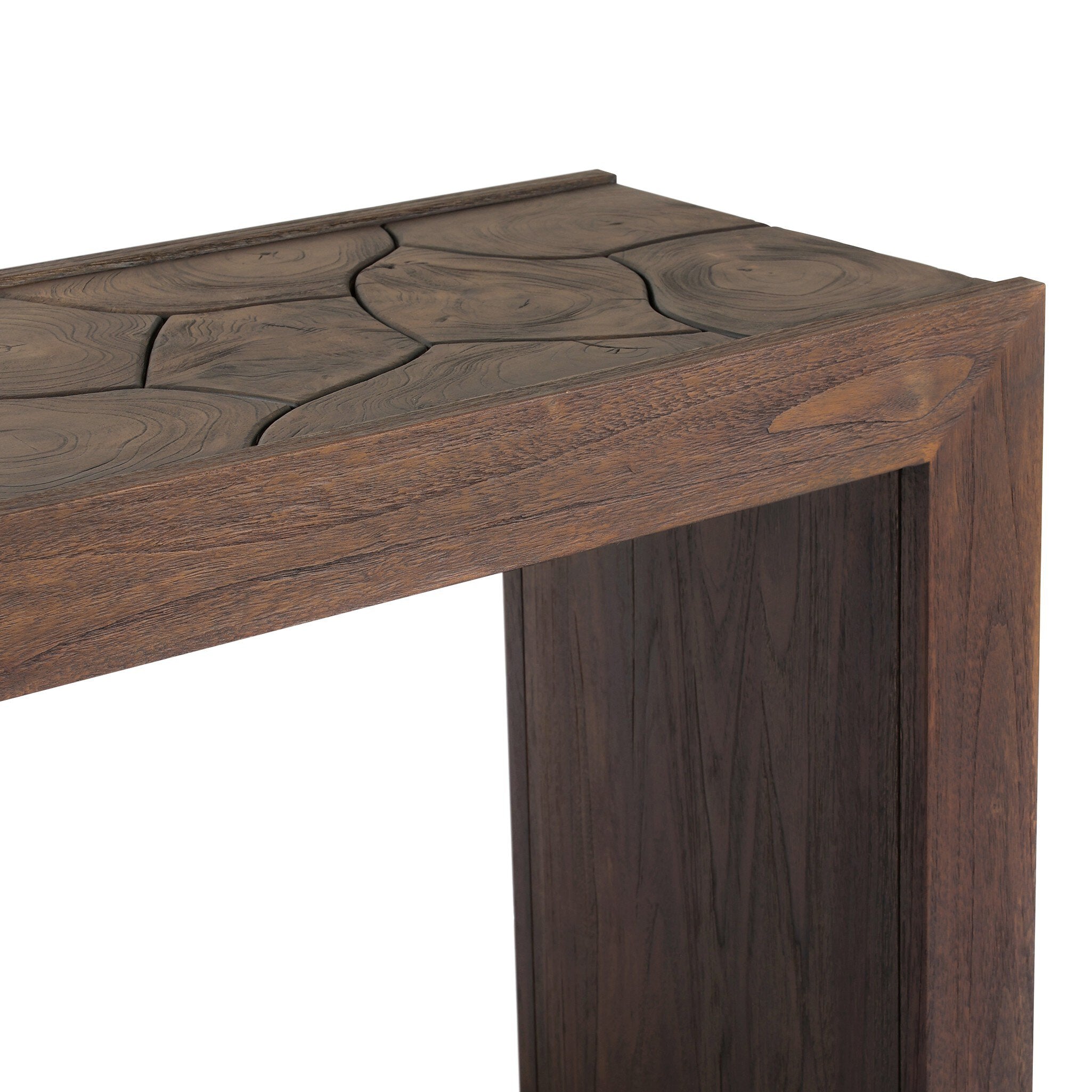 Four Hands Ridge Saddle Brown-Teak Root Outdoor Console Table construction close-up