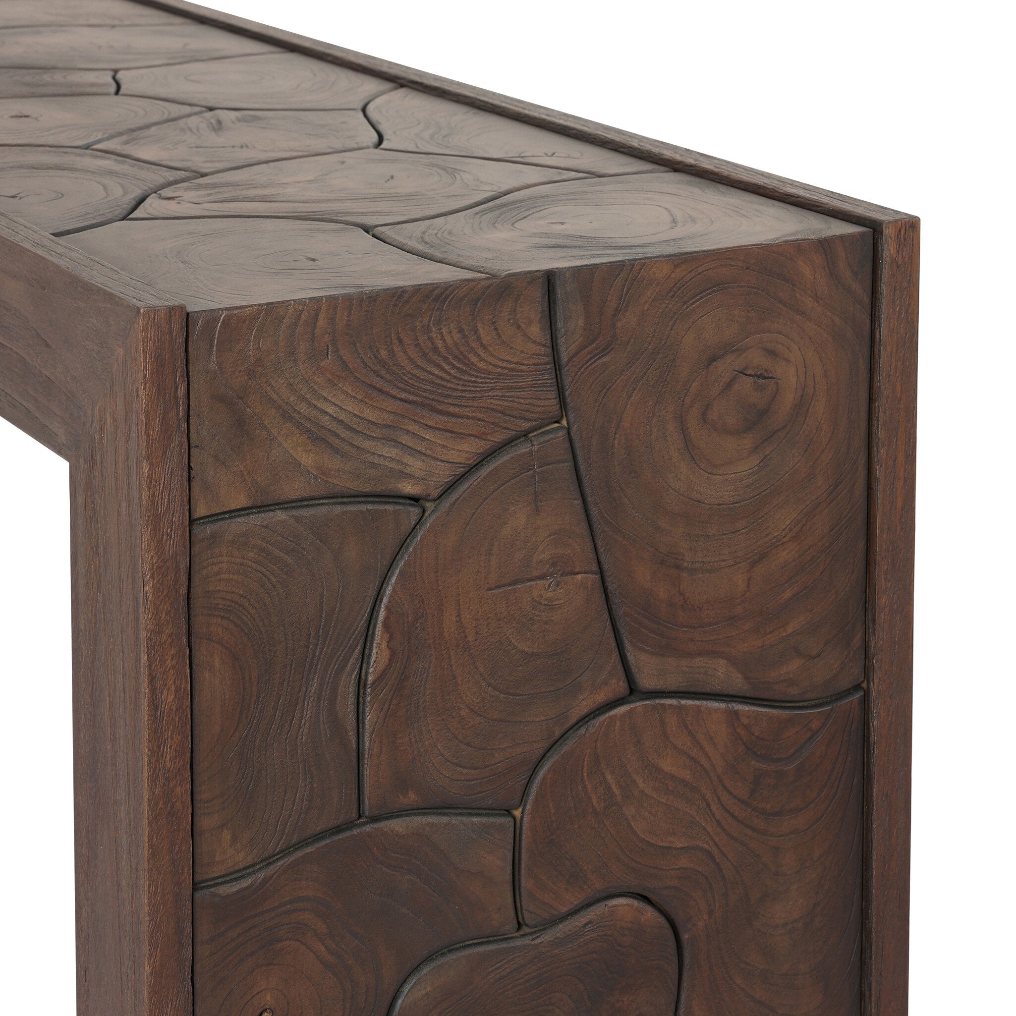 Four Hands Ridge Saddle Brown-Teak Root Outdoor Console Table craftsmanship close-up