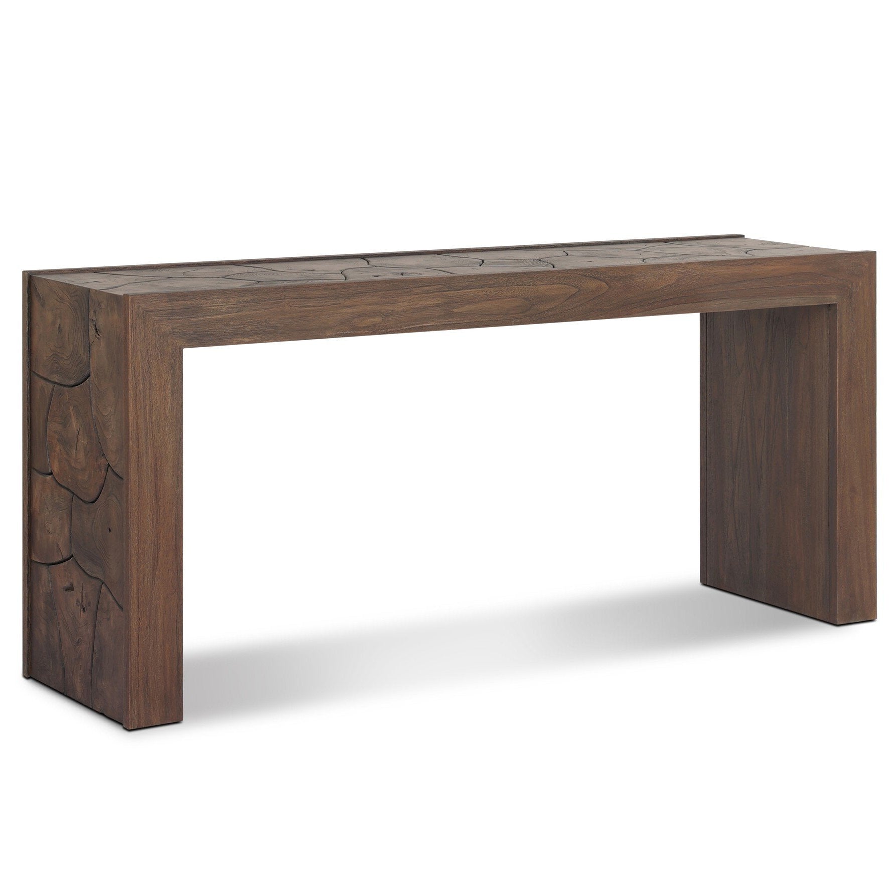 Four Hands Ridge Saddle Brown-Teak Root Outdoor Console Table in Stained Saddle Brown-Teak Root