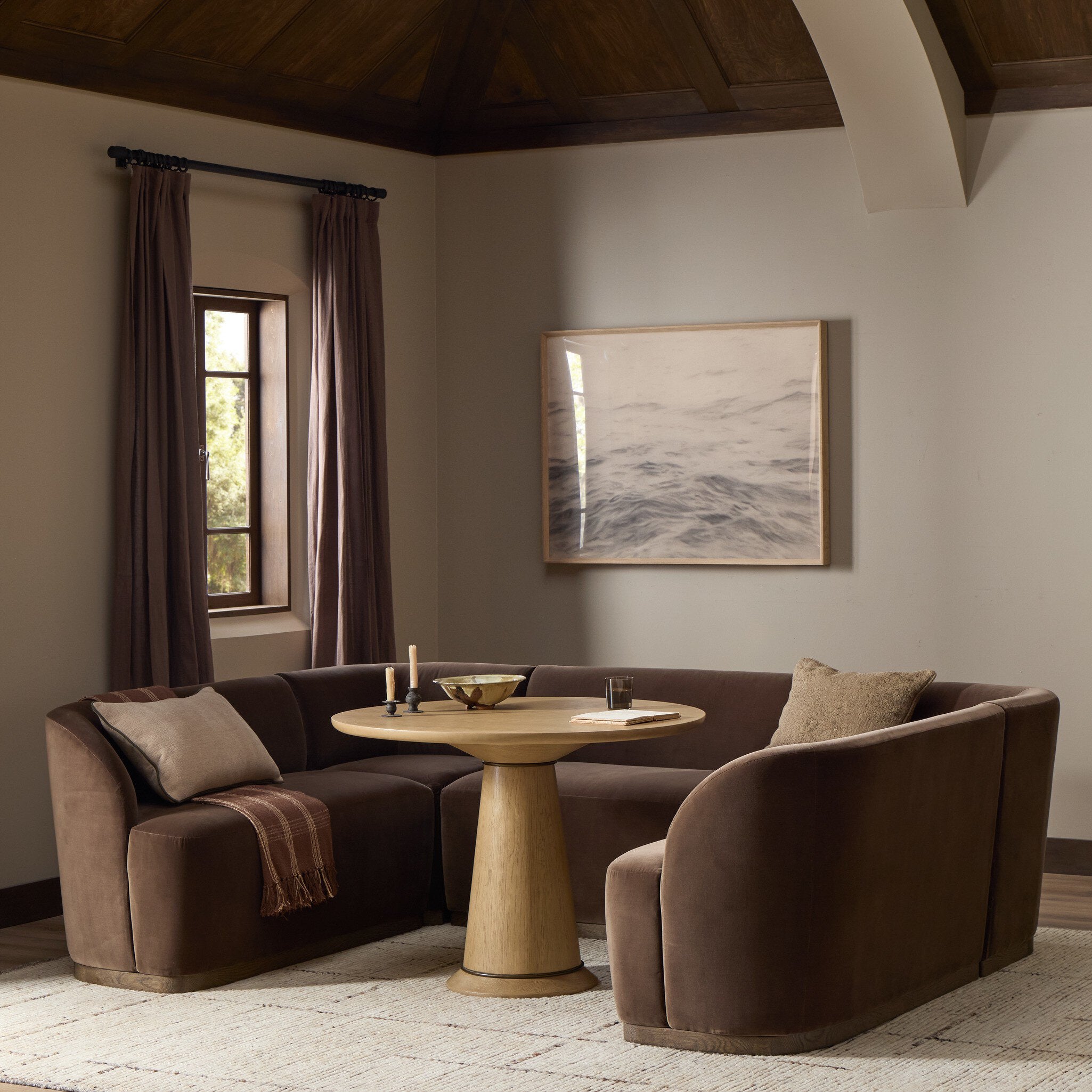 Four Hands Dorset Surrey Mink U-Shape Banquette styled room setting