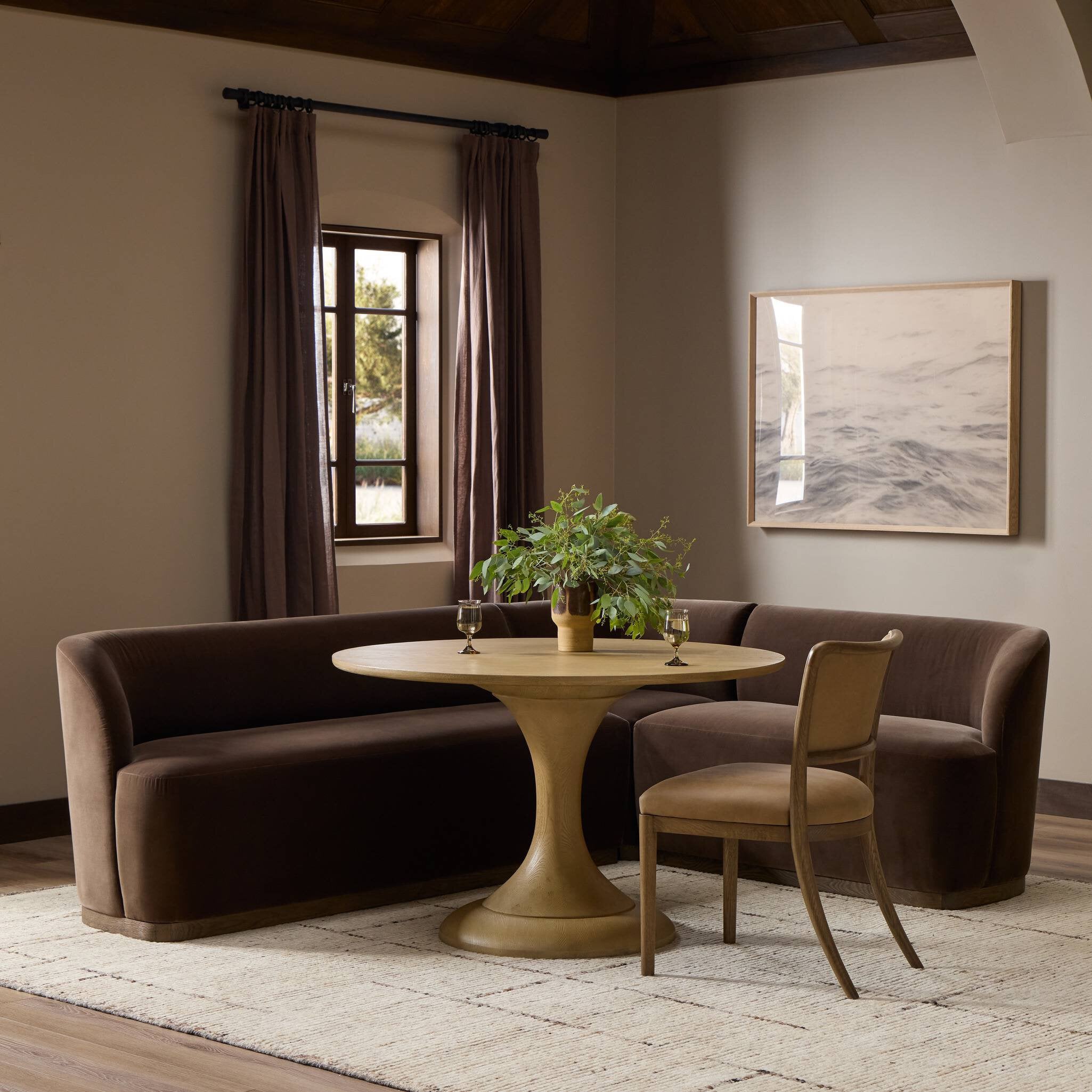 Four Hands Dorset Surrey Mink L-Shape Banquette styled room setting
