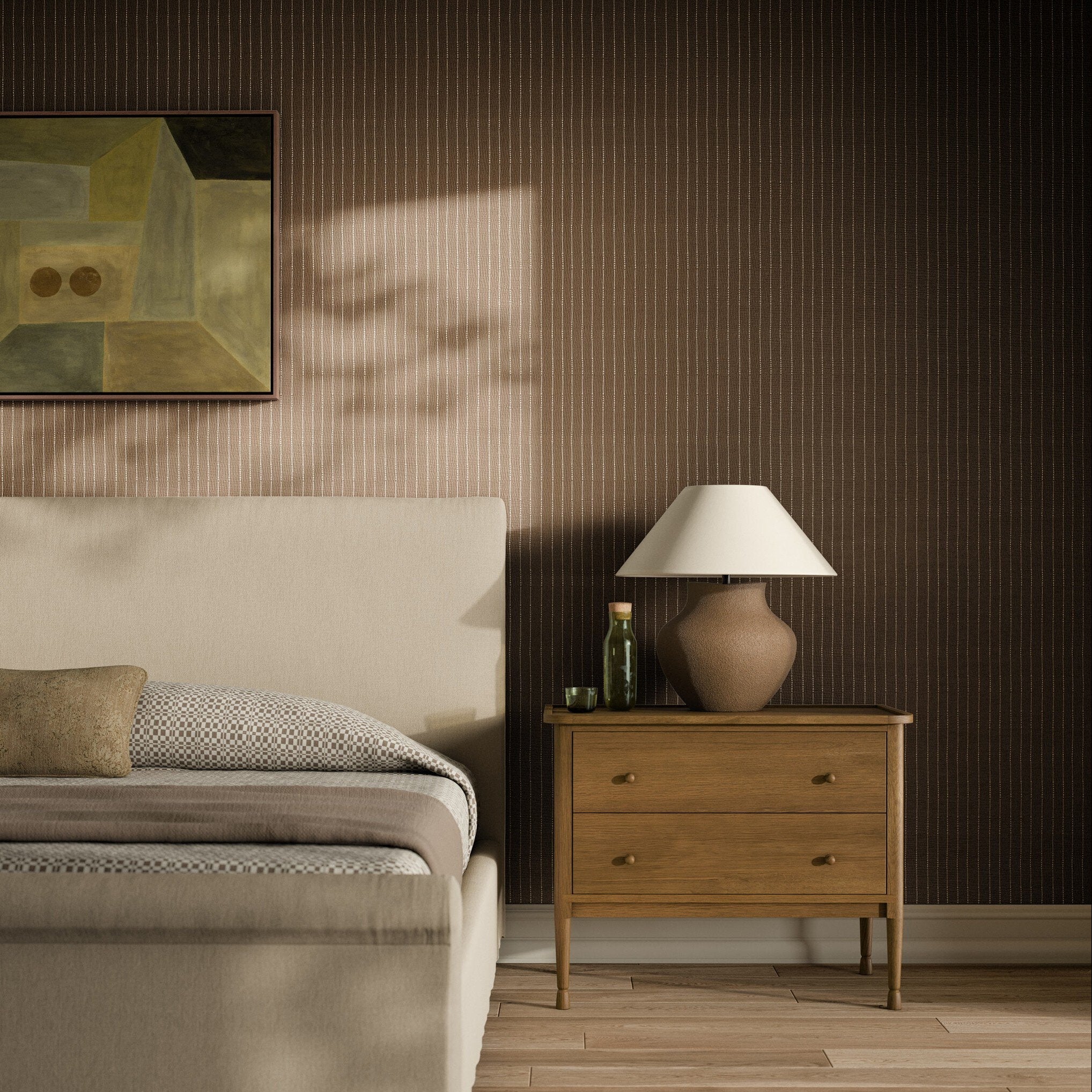FH Art Studio Dobby Stripe Brown Grasscloth Wallpaper styled in a room setting
