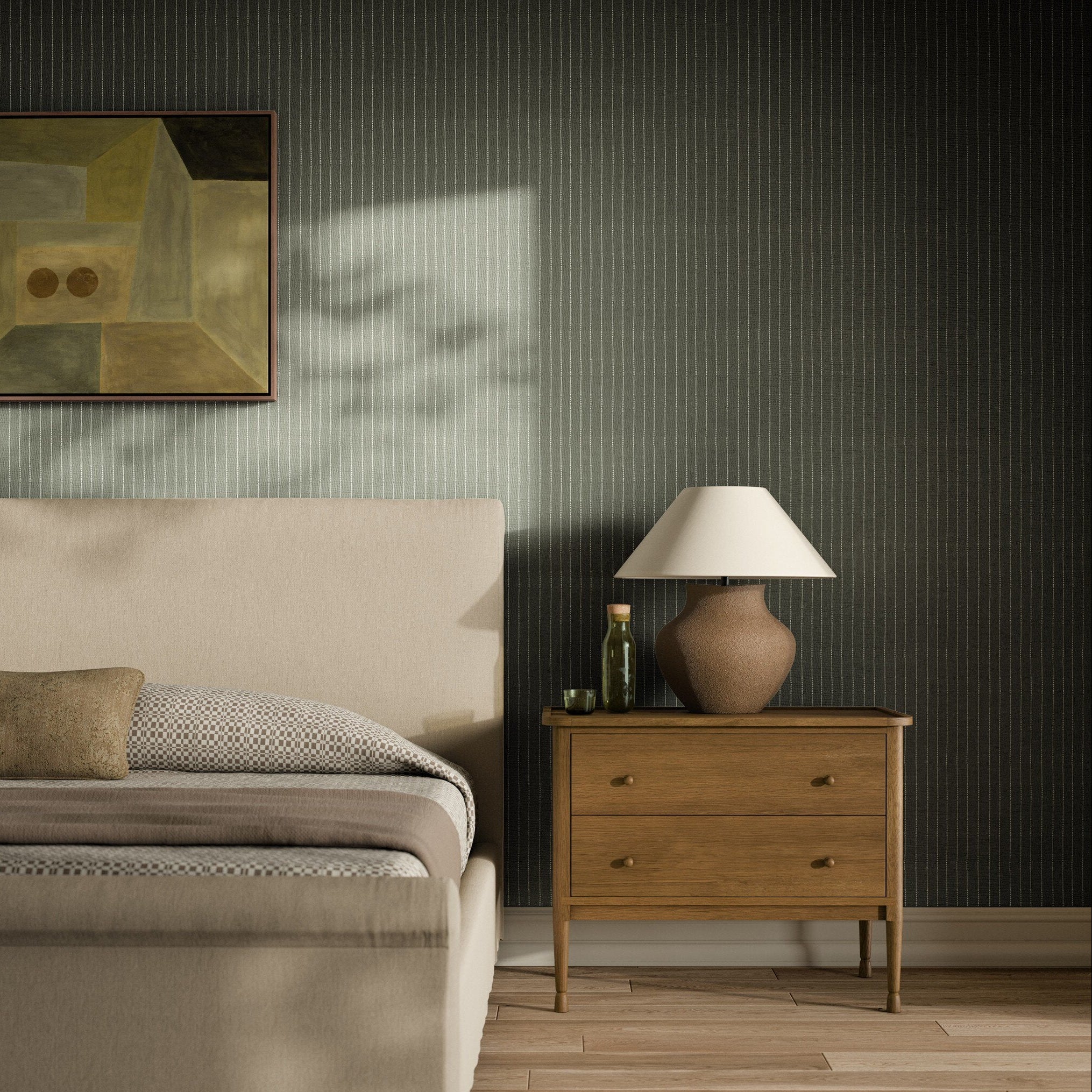 FH Art Studio Dobby Stripe Olive Grasscloth Wallpaper styled in a room setting