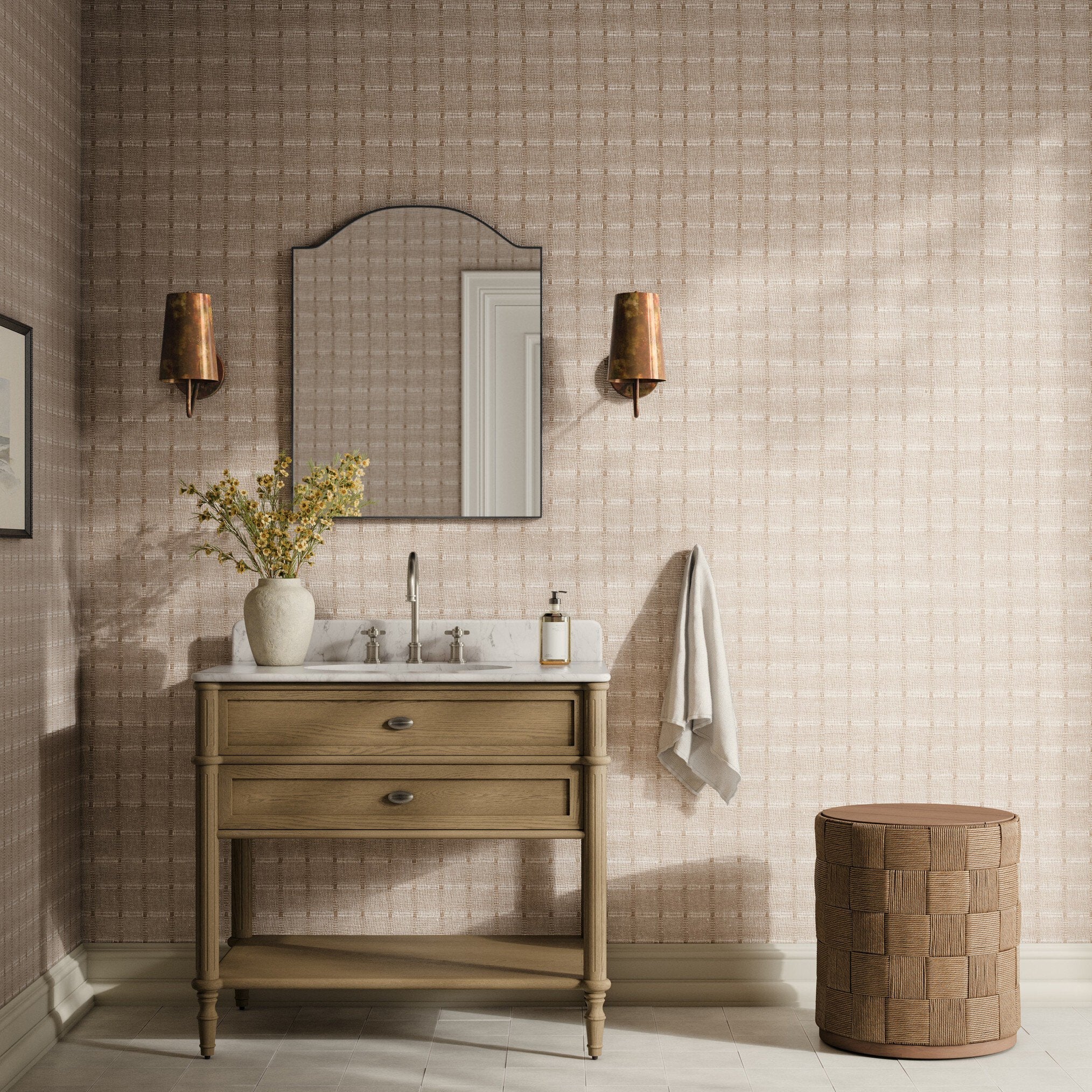 FH Art Studio Dobby Ecru Grasscloth Wallpaper styled in a room setting