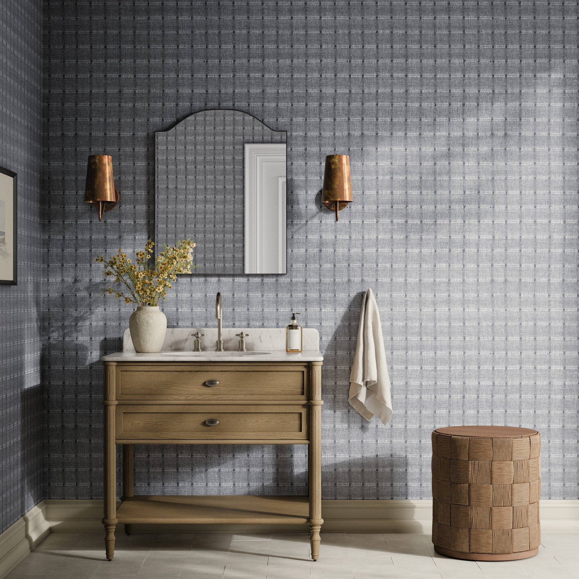 FH Art Studio Dobby Night Grasscloth Wallpaper styled in a room setting