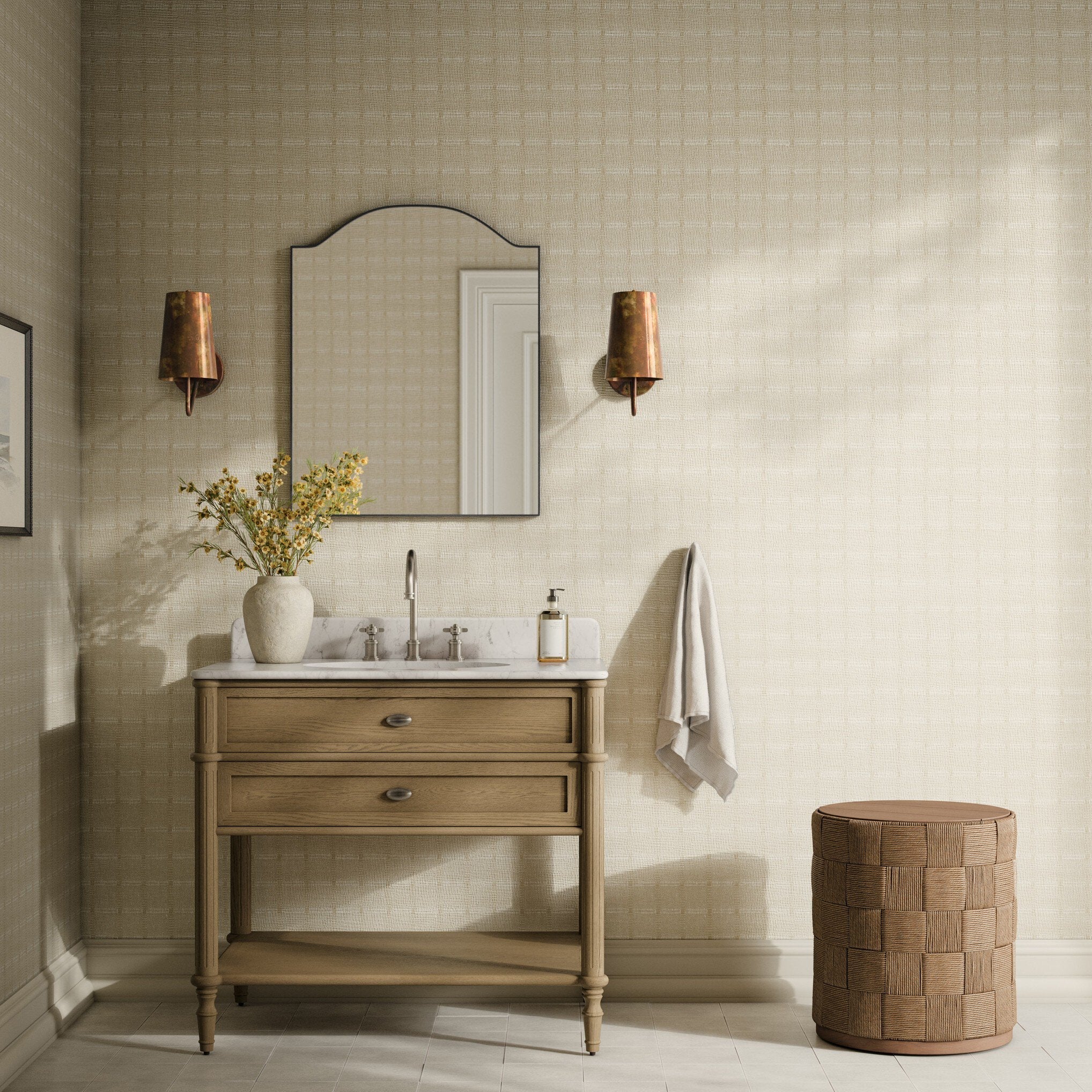 FH Art Studio Dobby Straw Grasscloth Wallpaper styled in a room setting